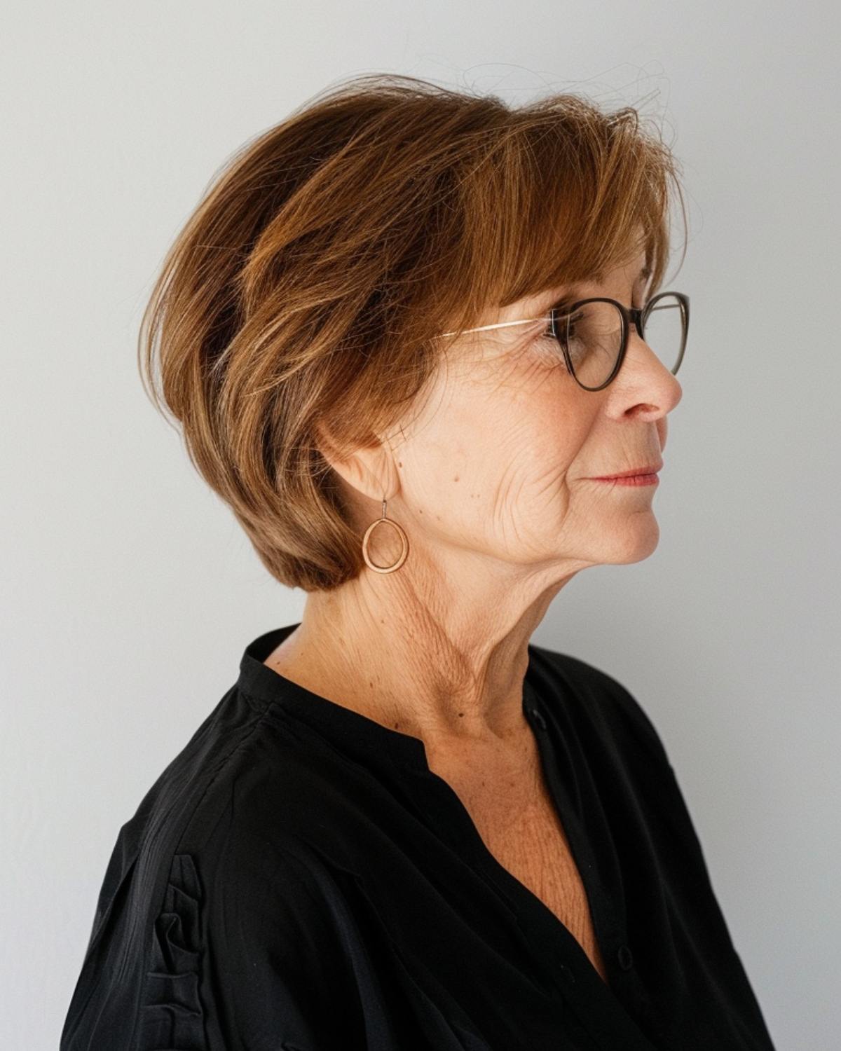 Side profile of a woman with a pixie bob haircut and glasses.