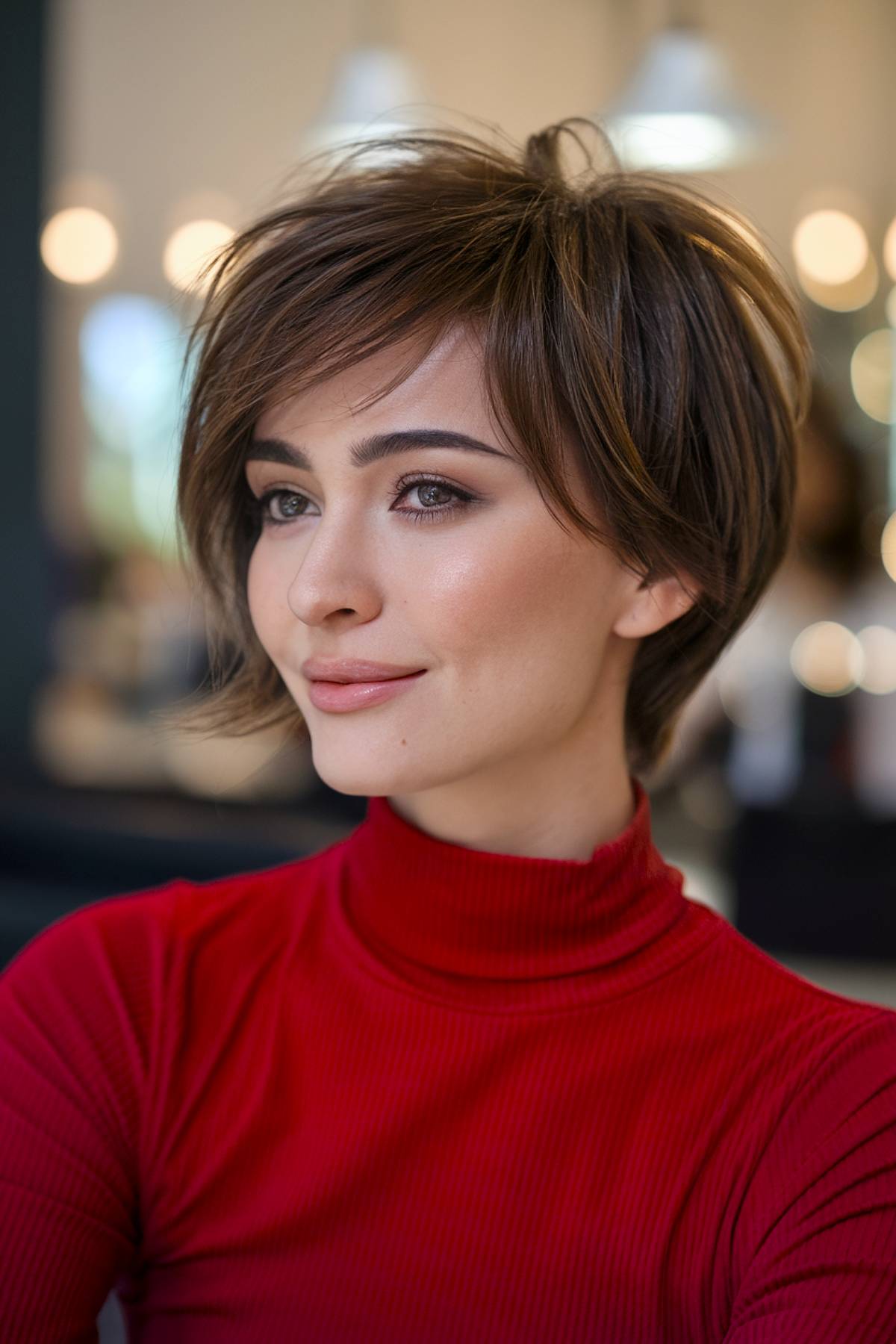 Soft pixie bob with wispy bangs, adding volume and framing the face for a flattering, modern look