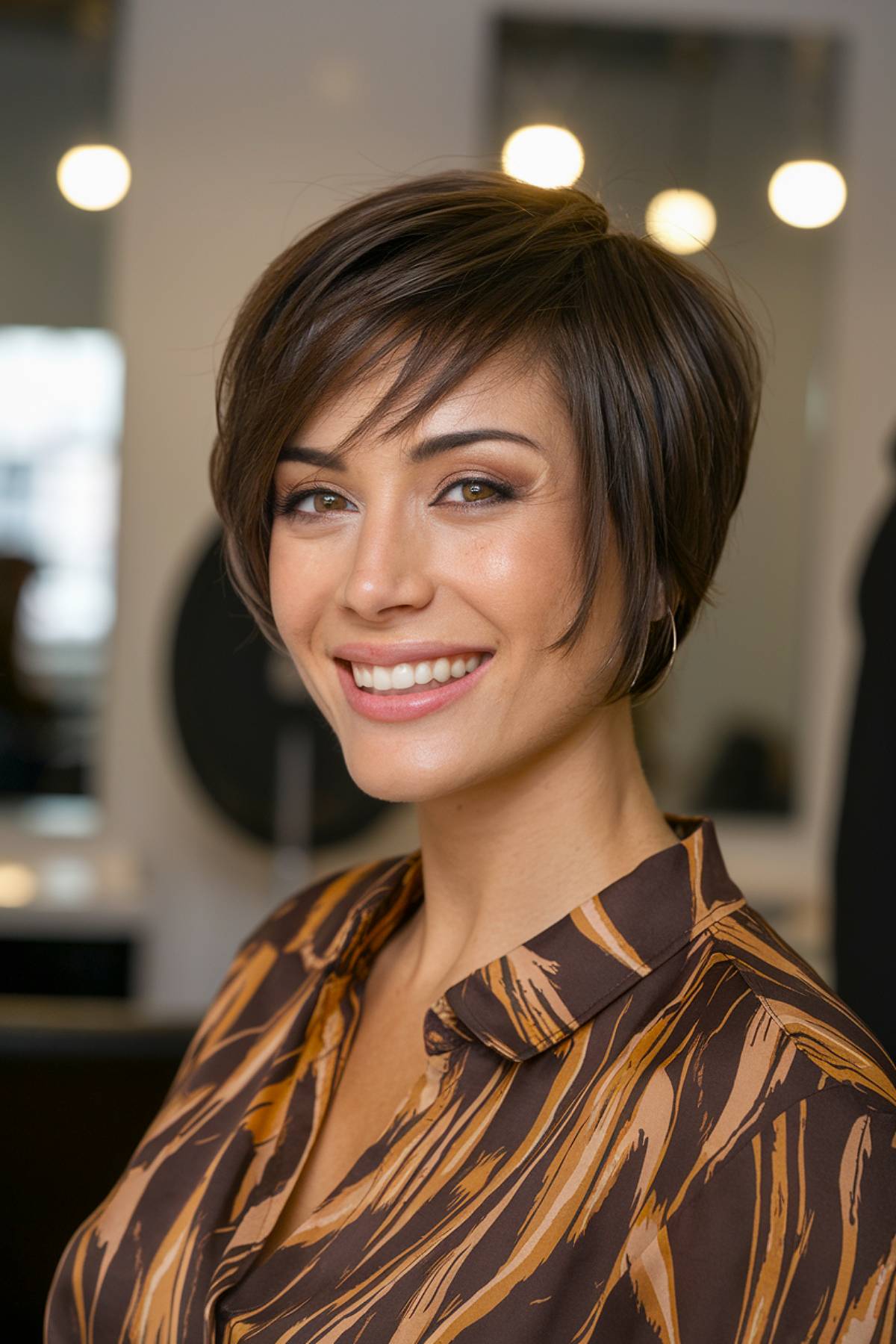 Layered pixie bob with soft, feathered layers that add movement and fullness to thin hair