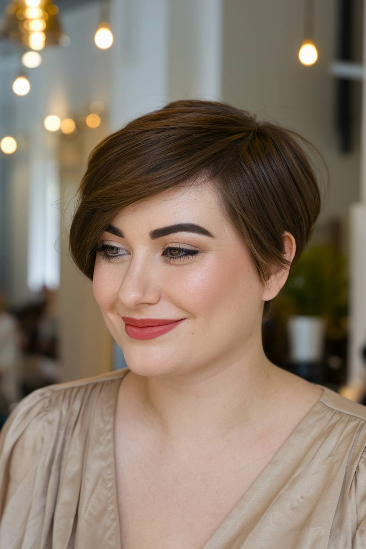 Side-parted pixie bob with face-framing layers, designed to elongate and flatter round face shapes