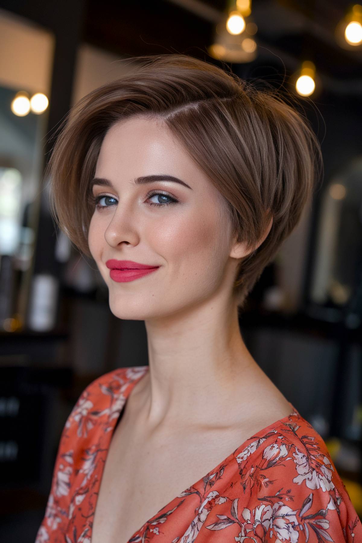 Sleek straight pixie bob with precise layers for a polished, refined finish