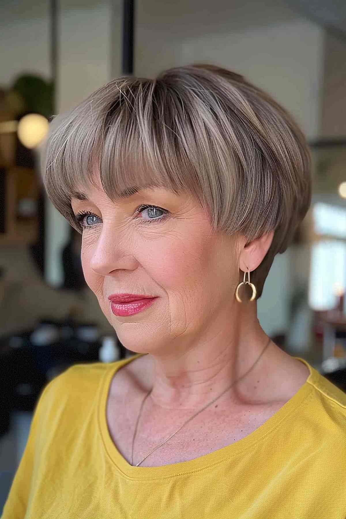 Mature woman with a pixie bob and bangs in a yellow top, portraying elegance and youthfulness.