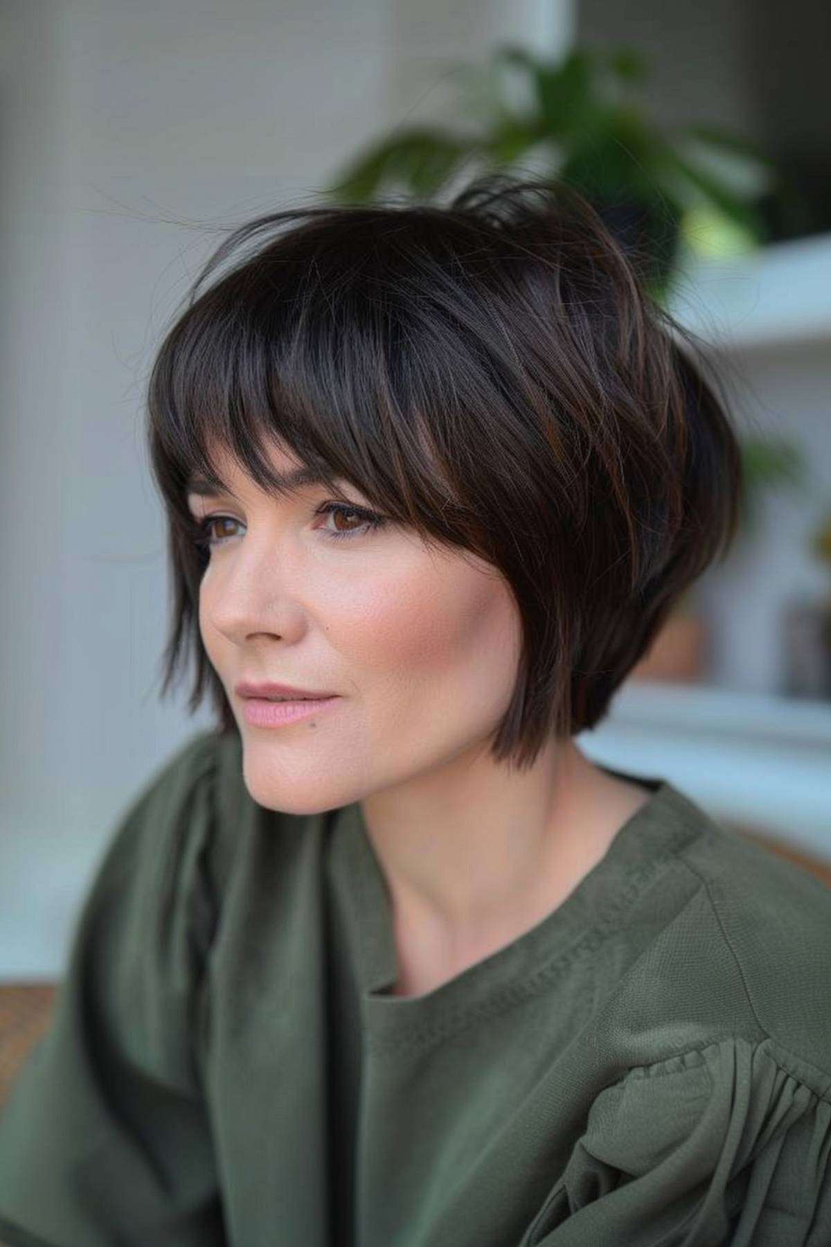 Woman with a pixie bob and bangs suited for thick hair, looking thoughtful.