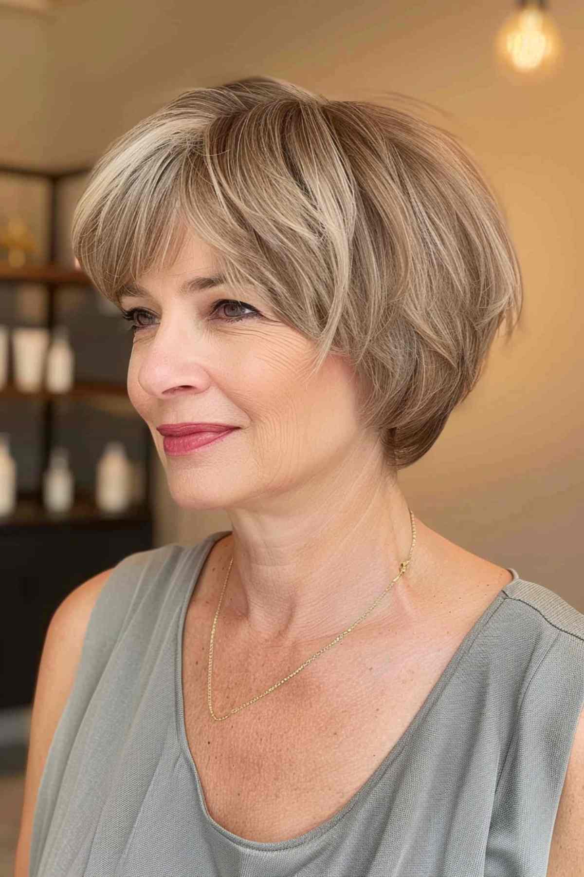 Woman over 50 with a feathered bixie cut in a chic setting, showing off a voluminous style.