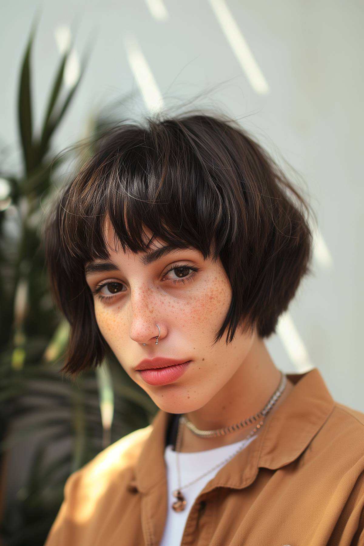 Woman with a pixie bob and full bangs, embodying a classic, elegant style.