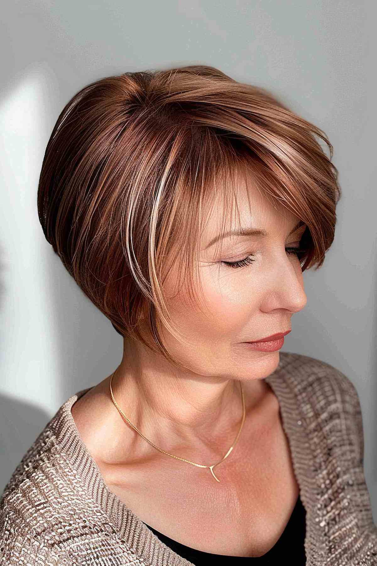 Woman with a pixie bob and long, versatile bangs in a cozy indoor setting.