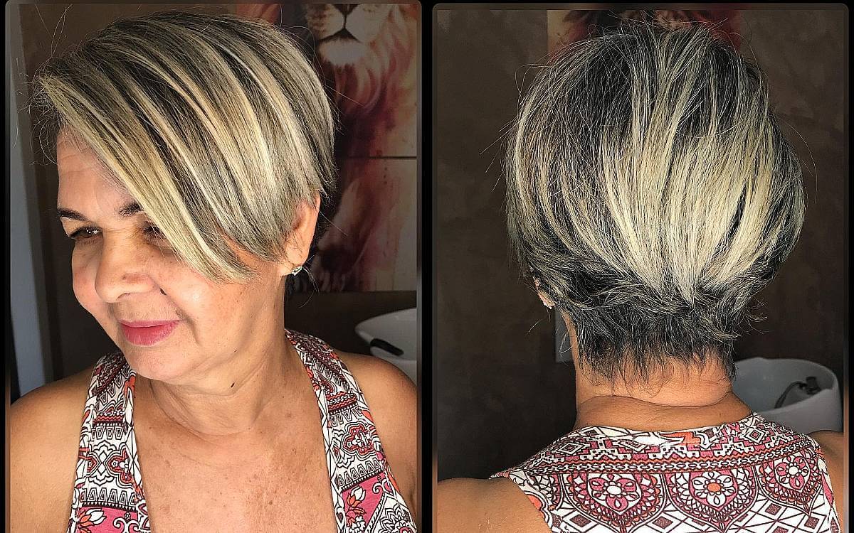 Pixie Bob with Long Side Bangs on Straight Hair for Women Over Fifty