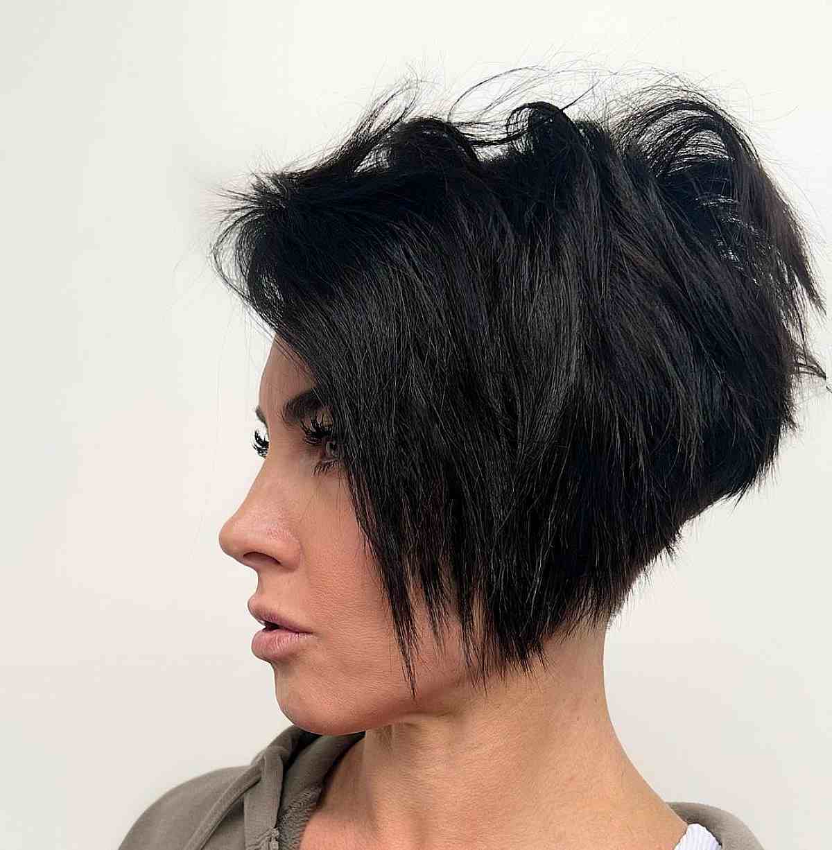 Pixie Bob with Stacked Layers on Thick Hair at Jaw-Length