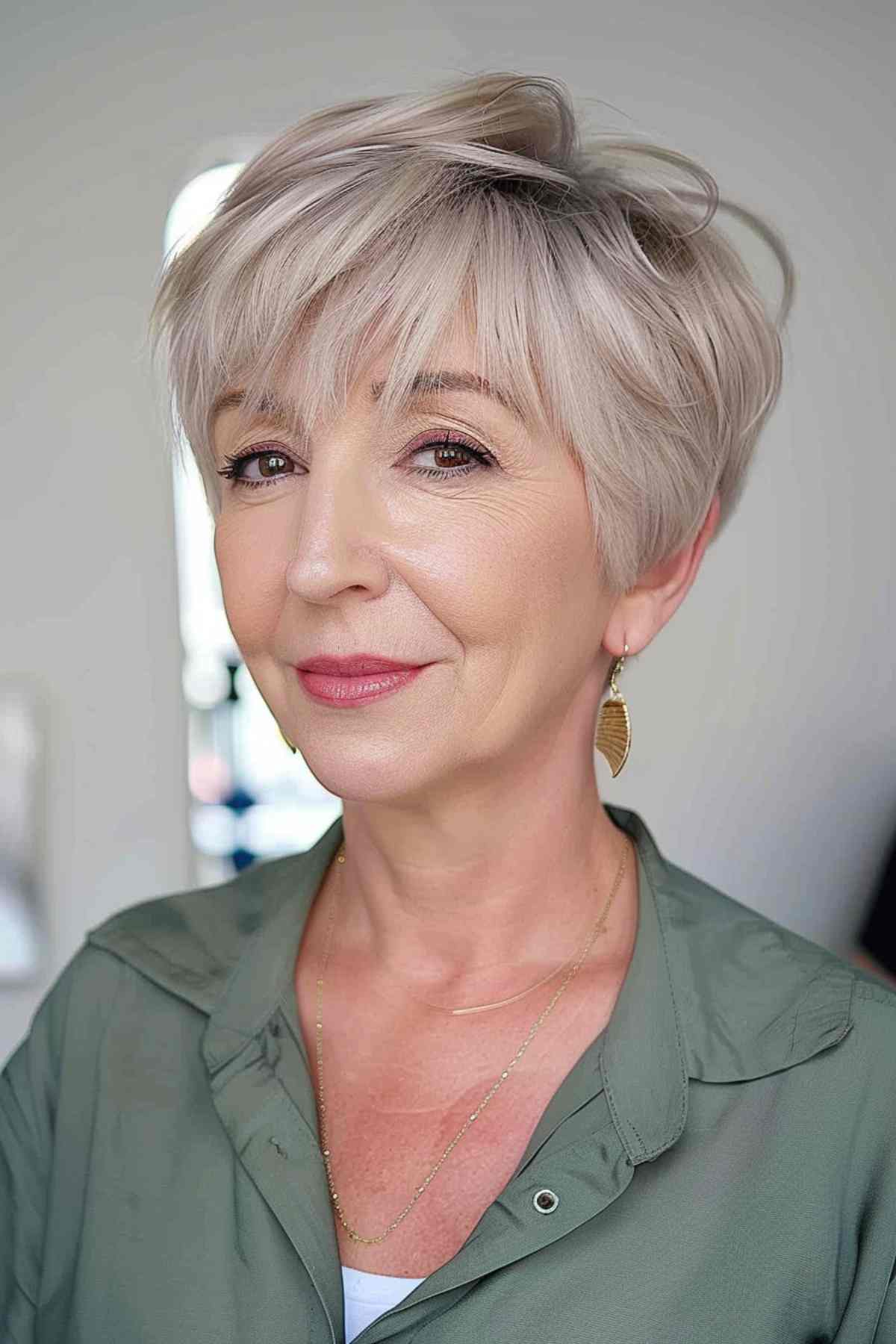 Woman over 60 with a pixie bob and wispy bangs, looking radiant and contemporary.