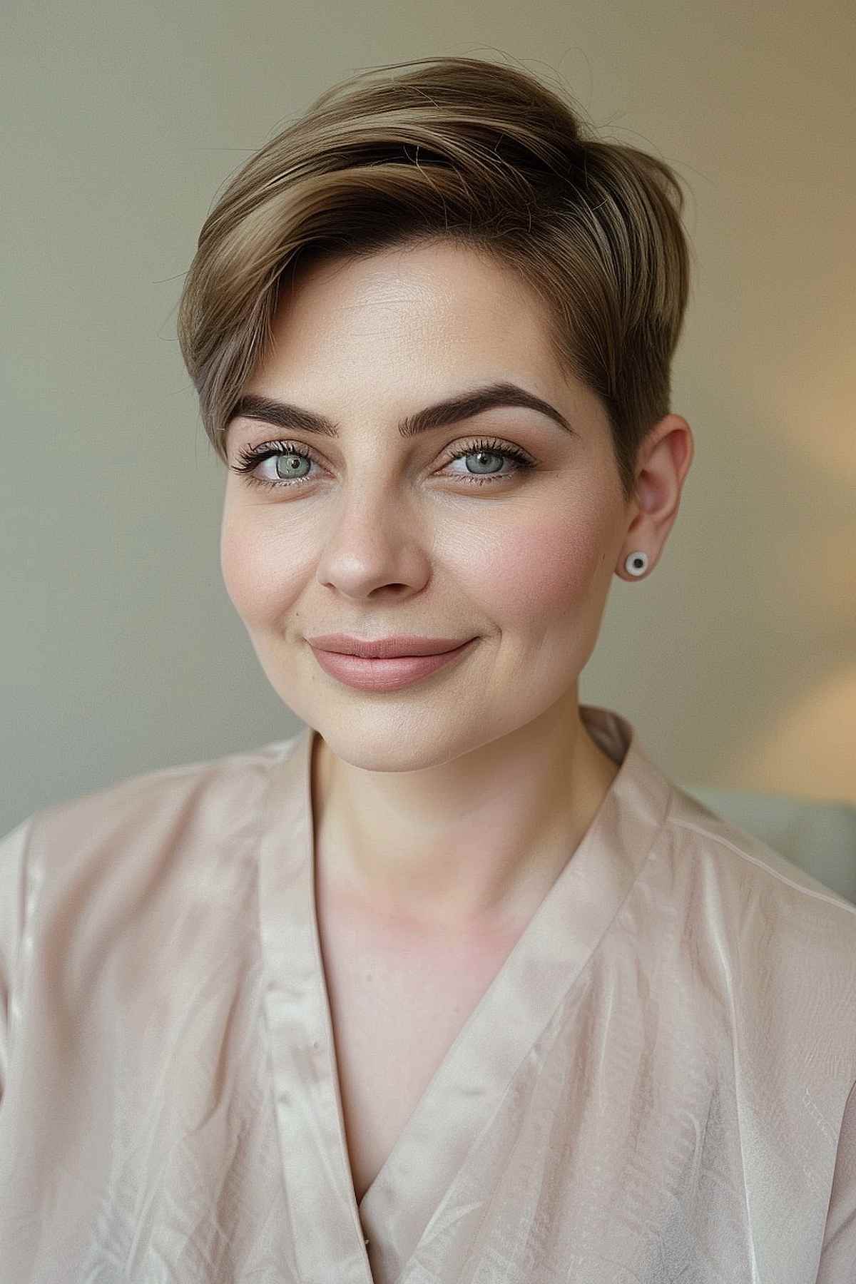 Long pixie cut with soft layers for round face shape