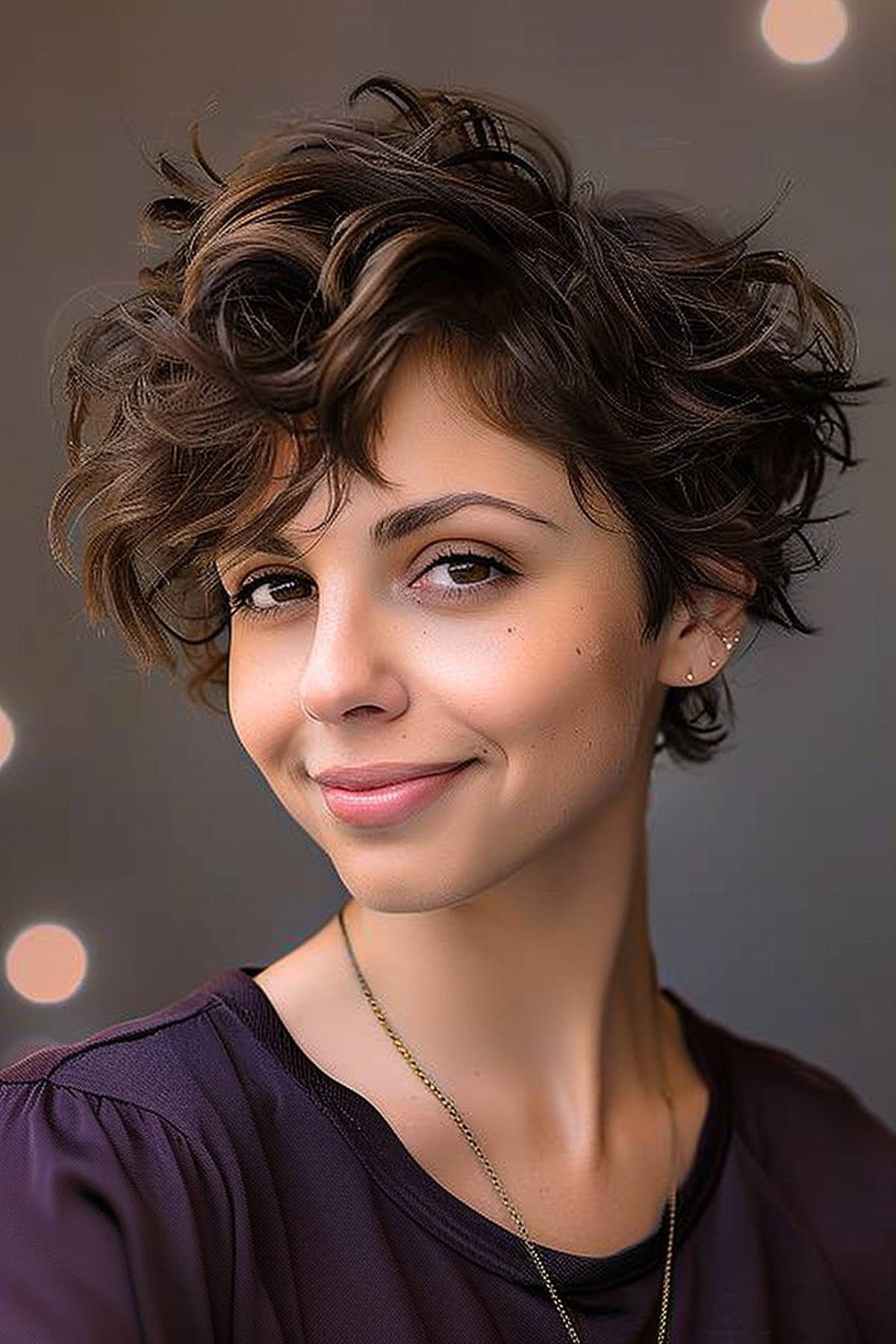 The fun-loving woman showed off a bright and cheerful hairstyle with a pixie cut with angled bangs and a natural curled finish.