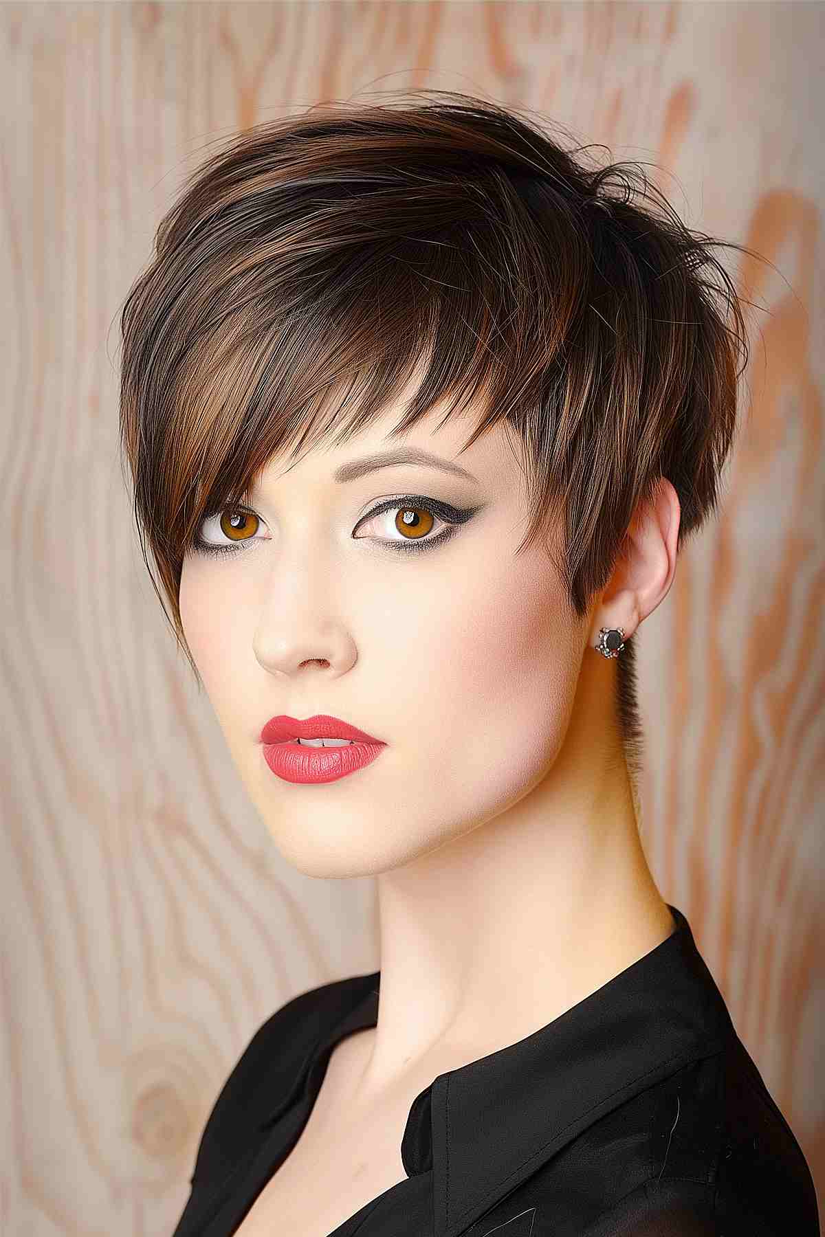 Woman with a stylish pixie cut featuring asymmetric bangs and short, choppy layers, ideal for adding volume to fine hair and accentuating facial features.