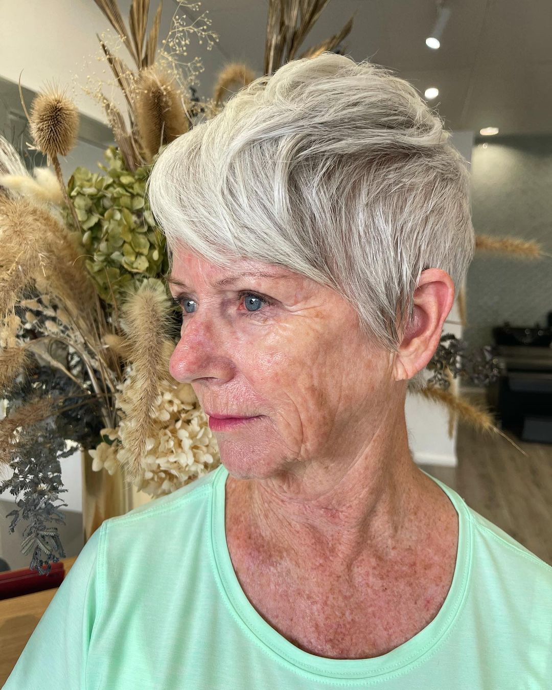 Pixie cut with long fringe for women in their 60s