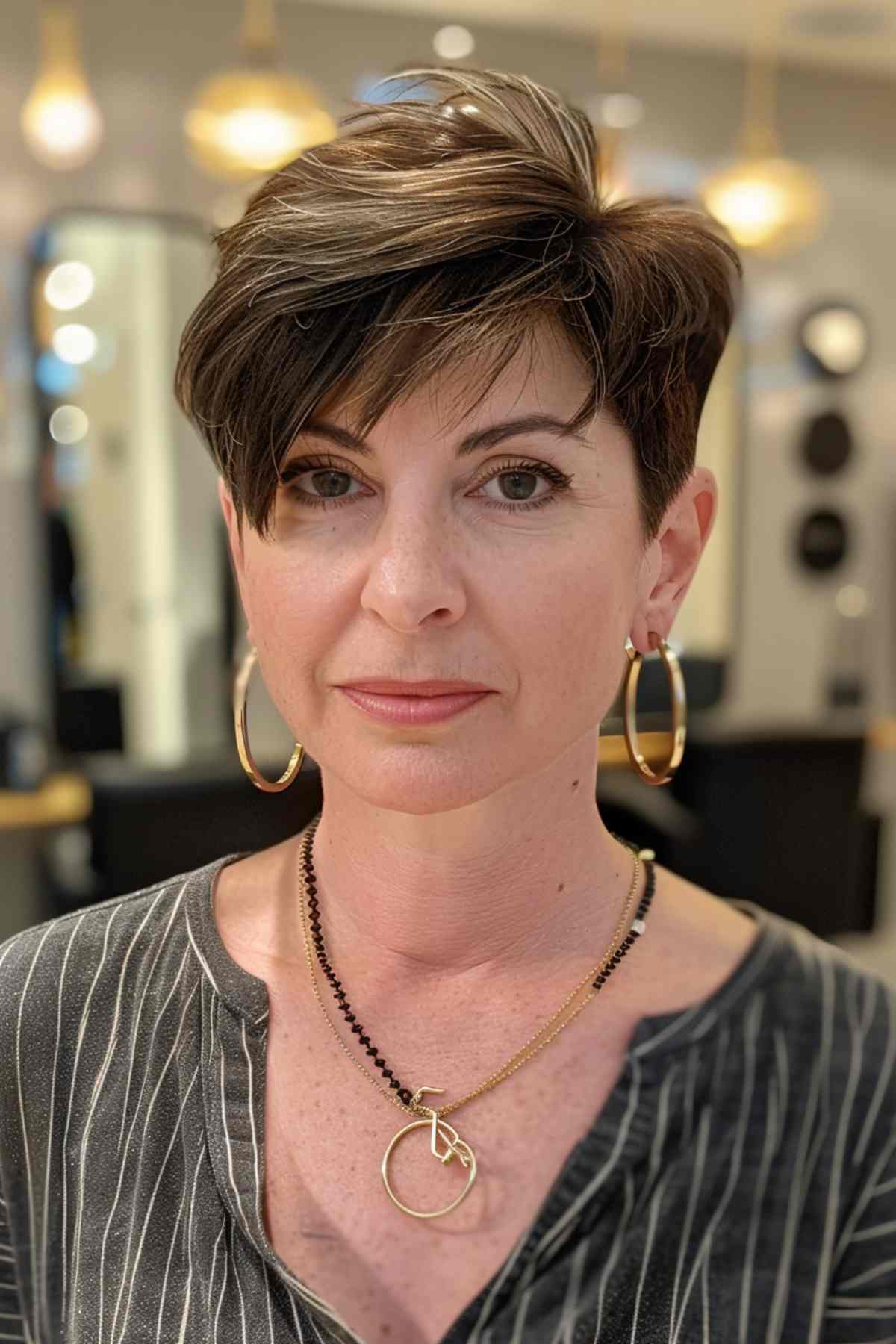 Short pixie cut with soft bangs and textured layers on a woman.