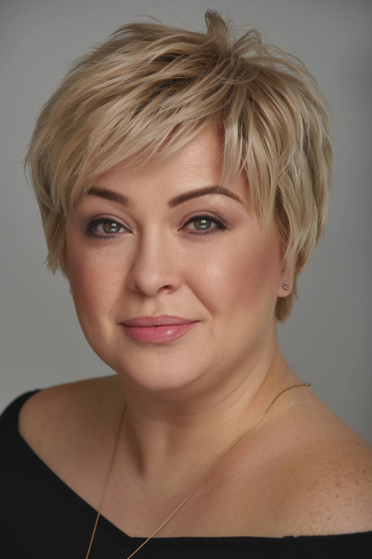 Pixie haircut for plus size women over 50 with tapered back and soft layers