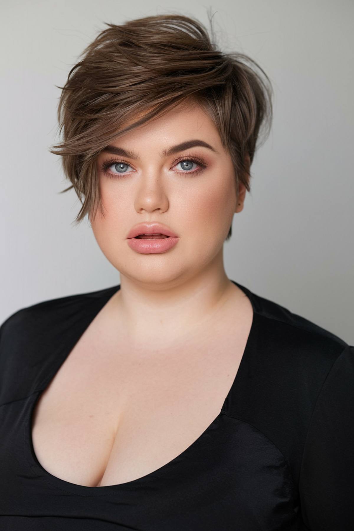 Pixie haircut for plus size women with a double chin, side-swept layers