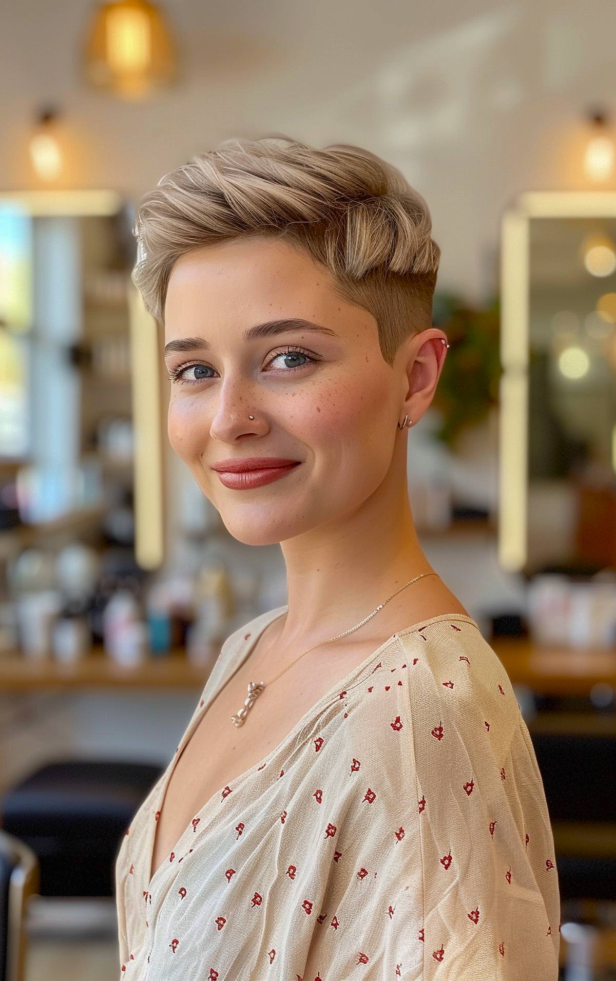 Pixie haircut undercut with shaved sides and soft waves for wavy hair