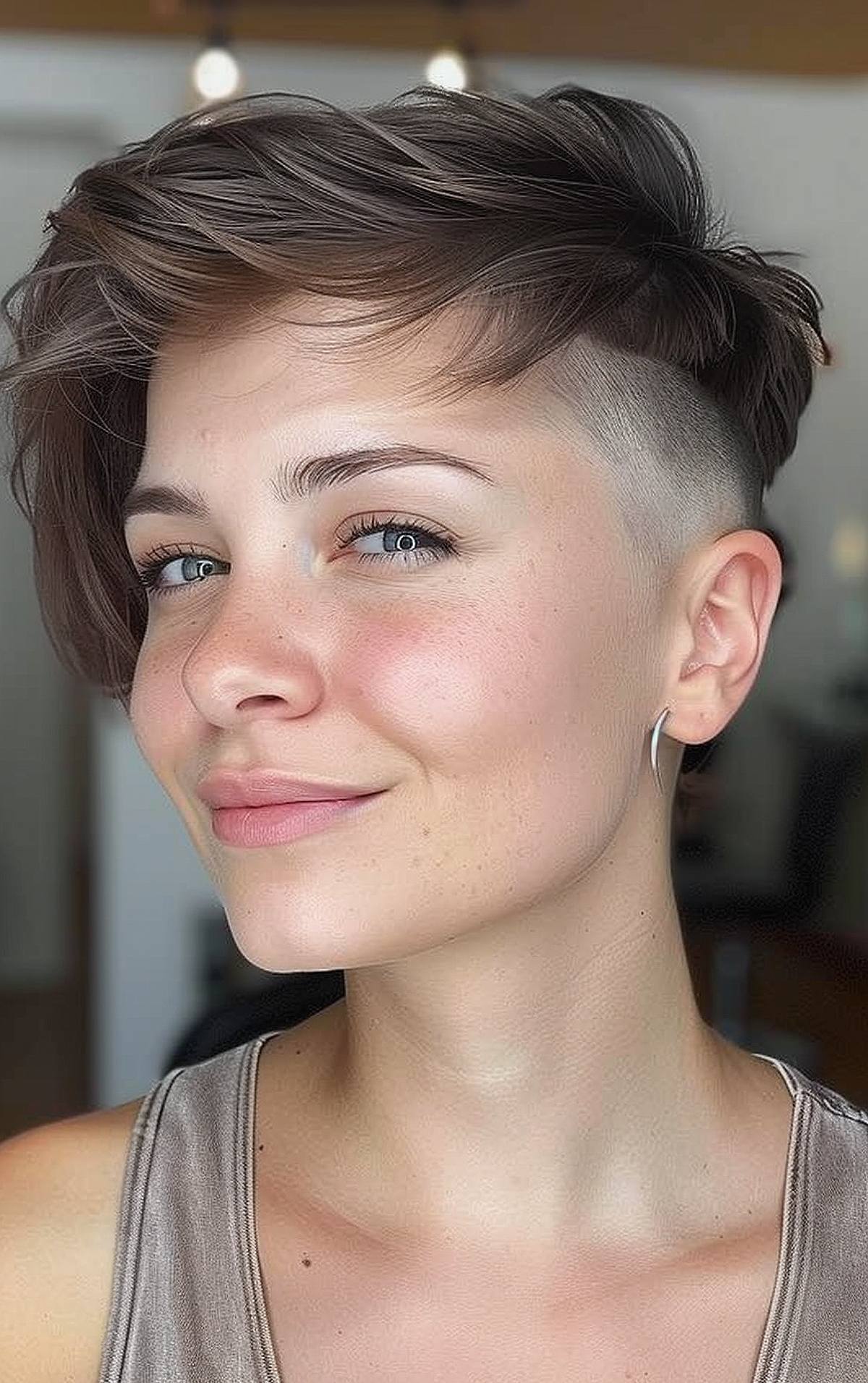 Pixie half-shaved haircut with side-swept top for straight hair