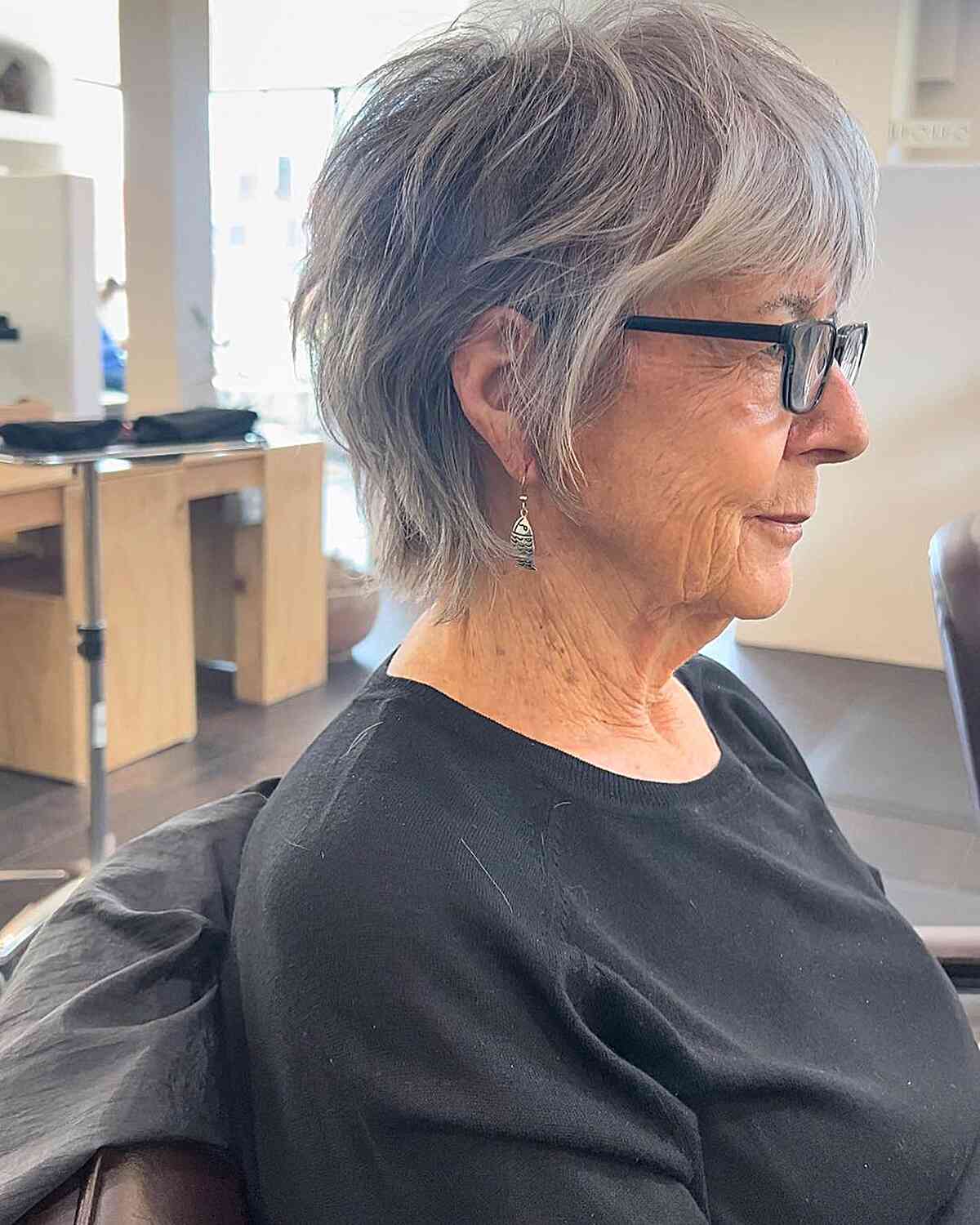 Pixie-Length Thin Hair with Shaggy Wispy Layers for Ladies Aged 70 with Glasses
