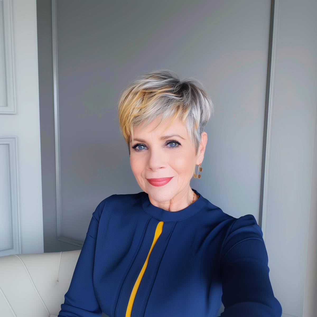 A woman with a pixie cut with side bangs and dark roots with blonde highlights.