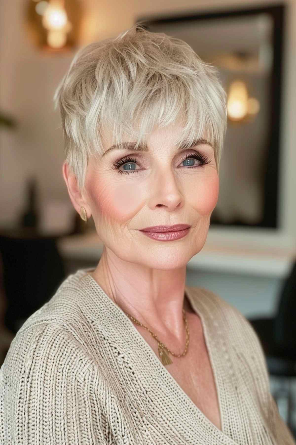 Mature woman with a stylishly textured pixie cut and soft bangs, wearing a cozy knit sweater.