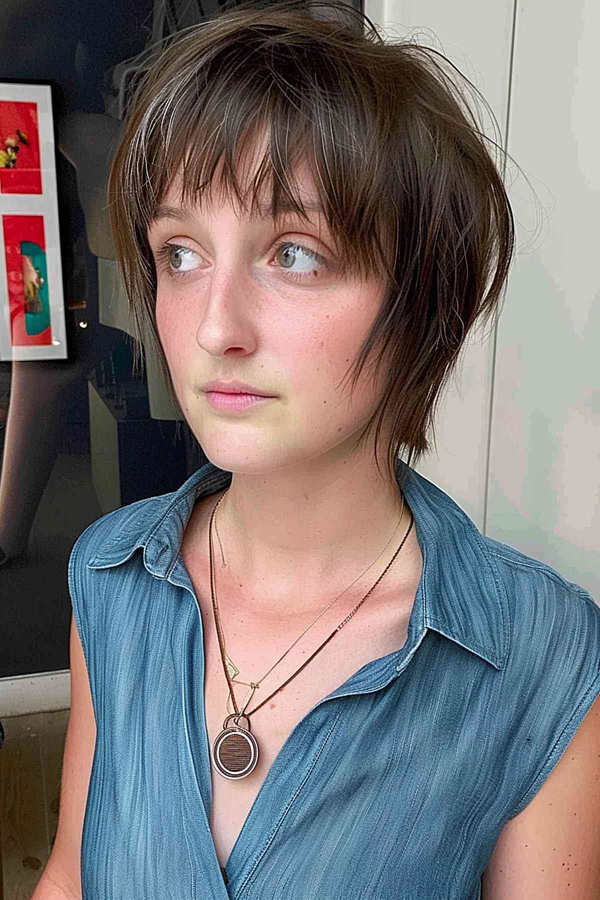 Young woman sporting a pixie Wolf Cut on straight hair, looking off-camera with a thoughtful expression.