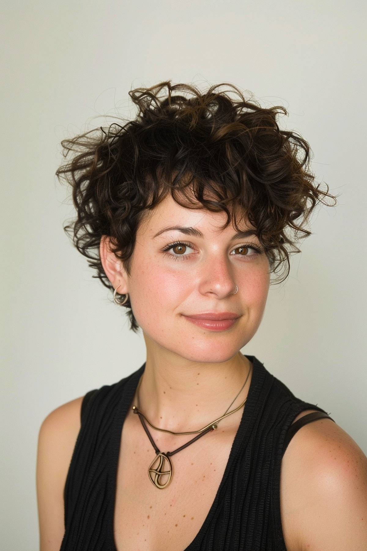 Curly pixie cut with layers and micro-bangs