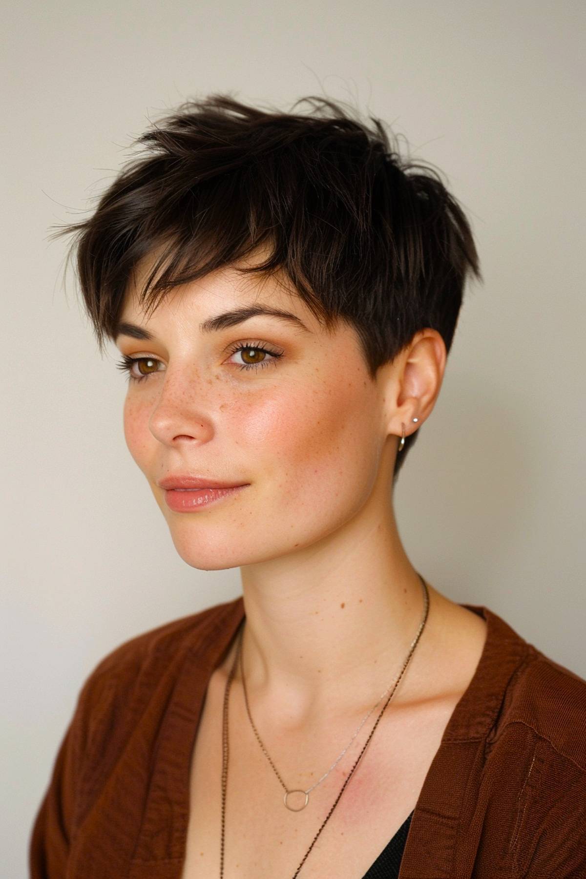 Short pixie haircut with feathery layers and razored fringe