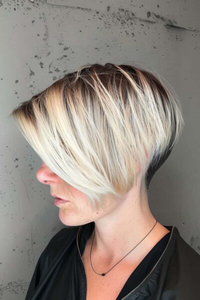 A Short Asymmetric Wedge Haircut with Side-Swept Bangs and Two-Tone Color
