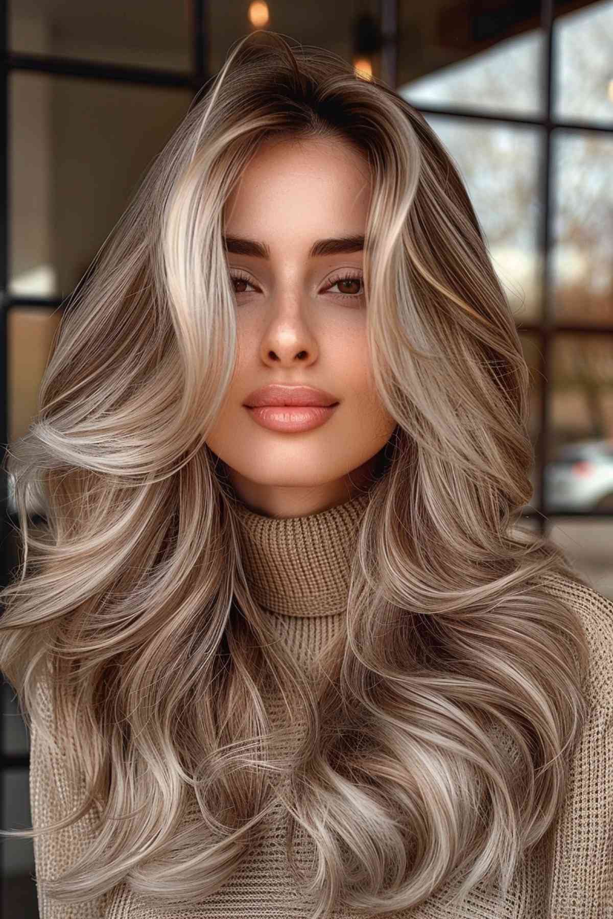 Voluminous wavy hair with shimmering platinum blonde highlights, adding brightness and dimension