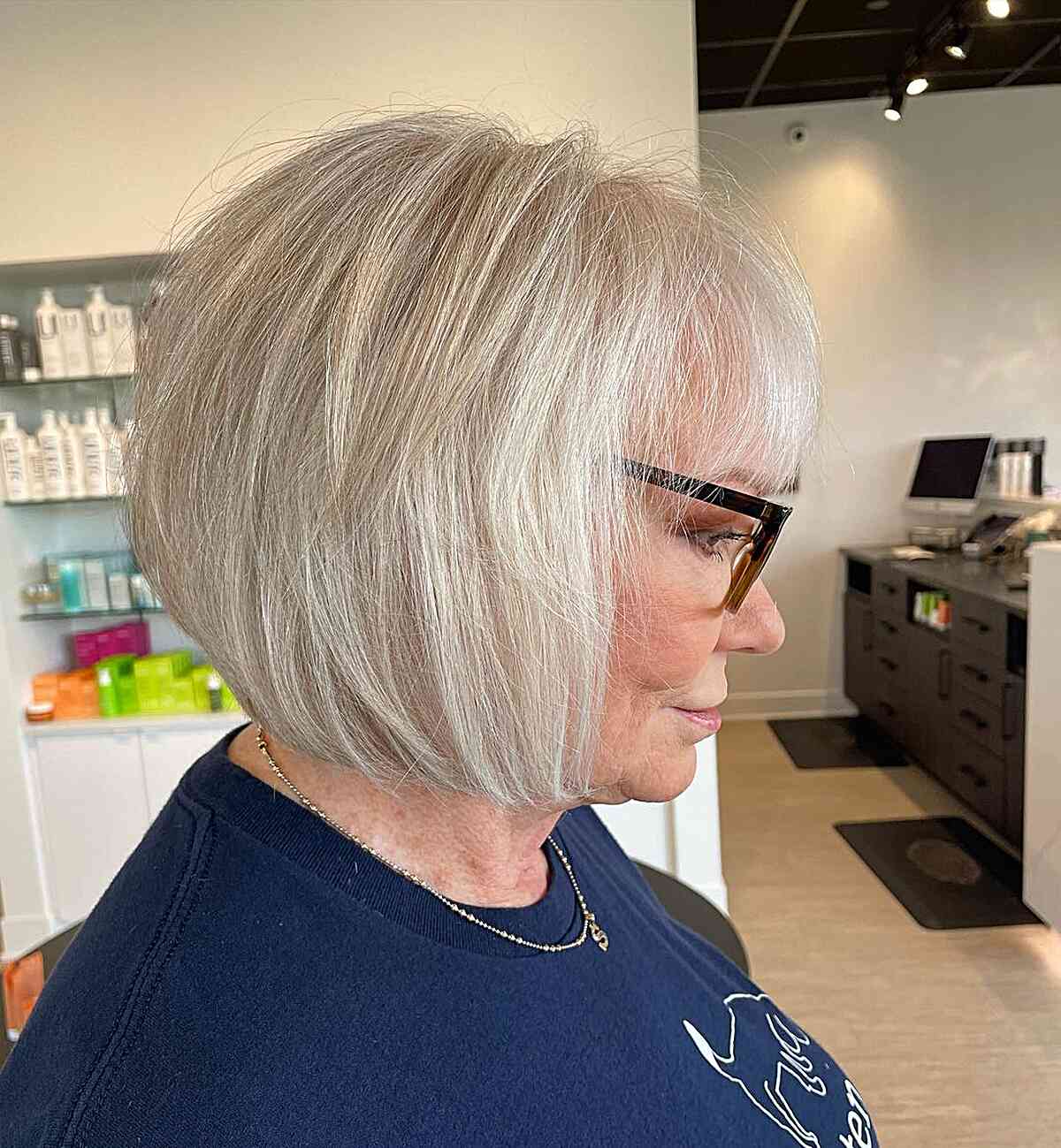 Short Platinum Bob with See-Through Bangs for Women Over 60 with Glasses
