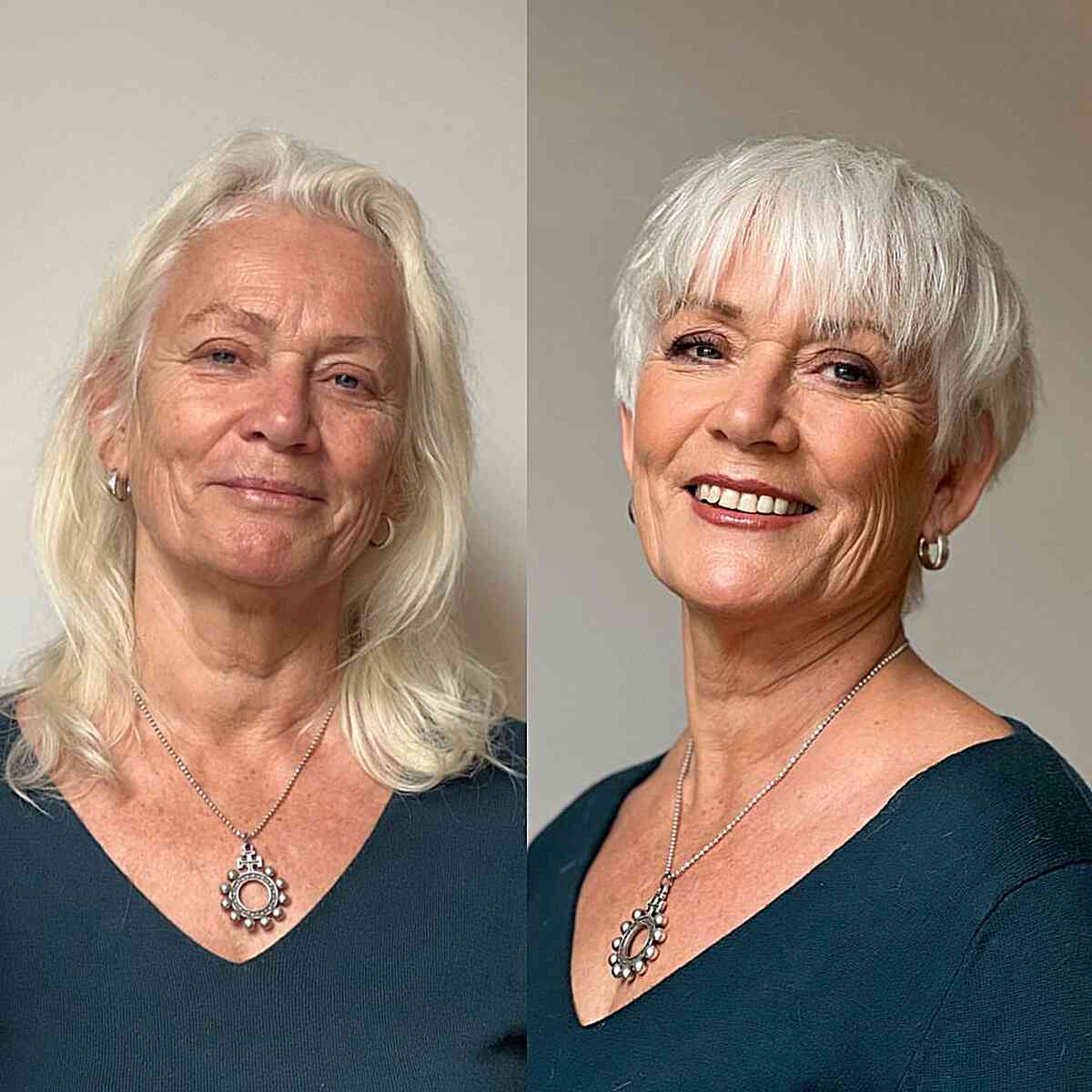 Platinum Choppy Pixie Bowl Cut on Older Ladies Over 50 with Fine Hair