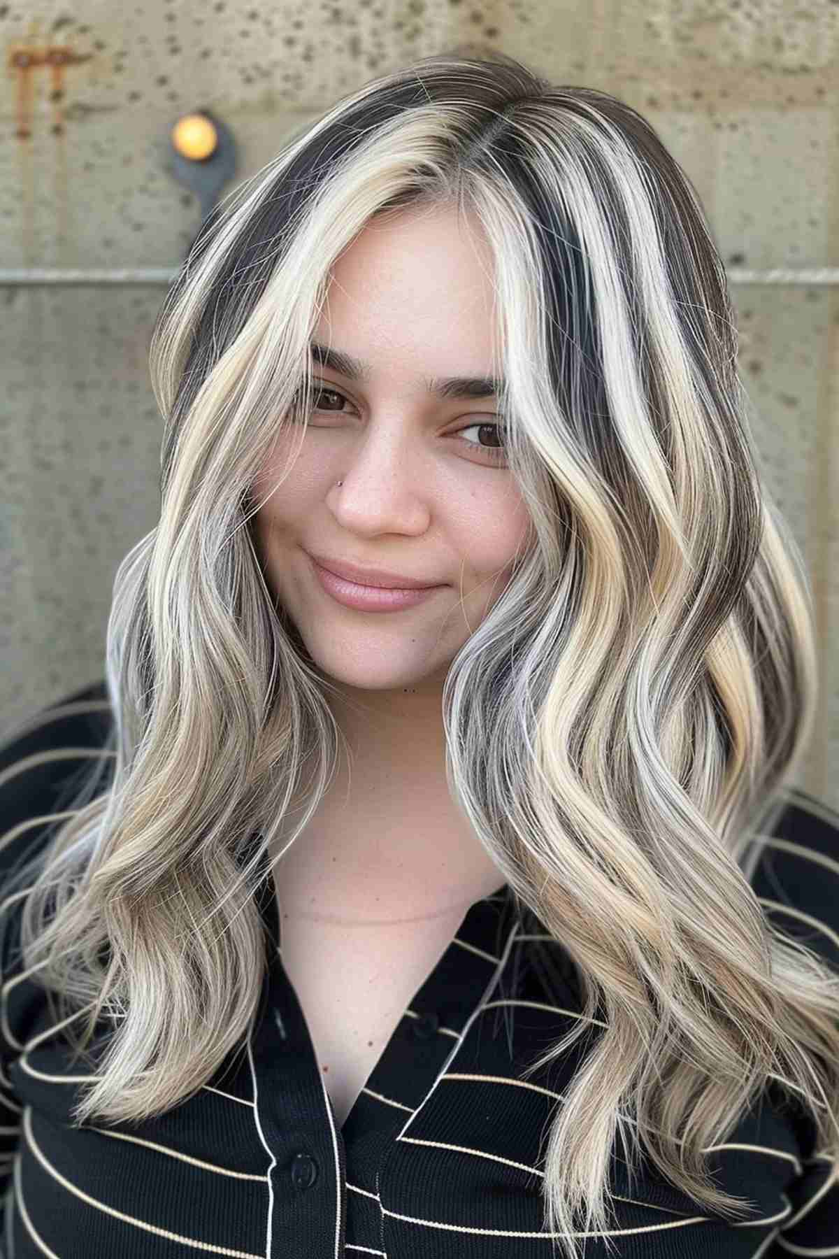Medium-length dark hair with platinum blonde highlights and soft waves