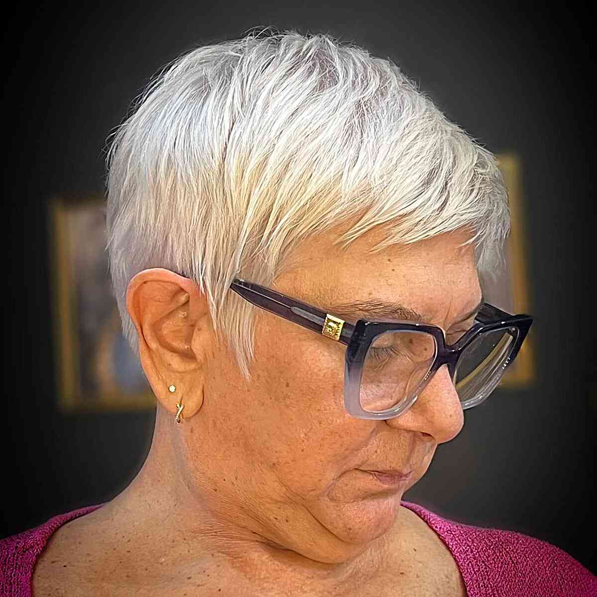 Platinum Cut Pixie with Fringe and Sideburns for 60-Year-olds with Glasses
