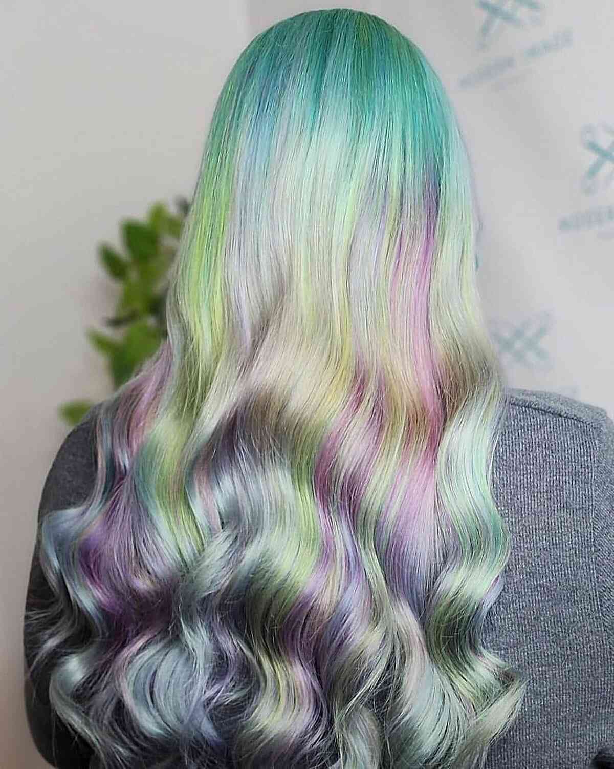 Platinum Holographic Long Hair with Green Roots