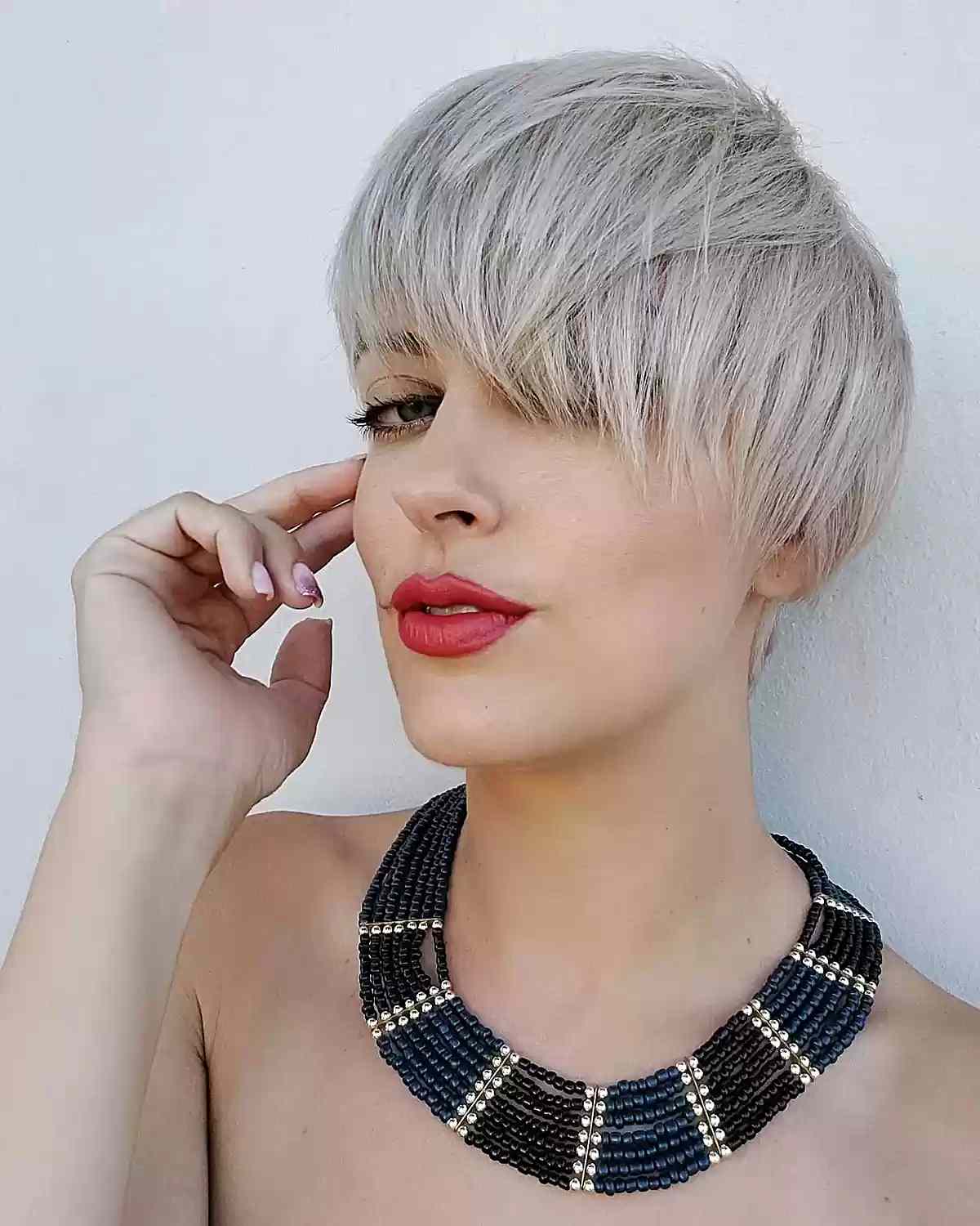 Platinum Pixie with Asymmetrical Bangs and Choppy Layers for Oval Faces