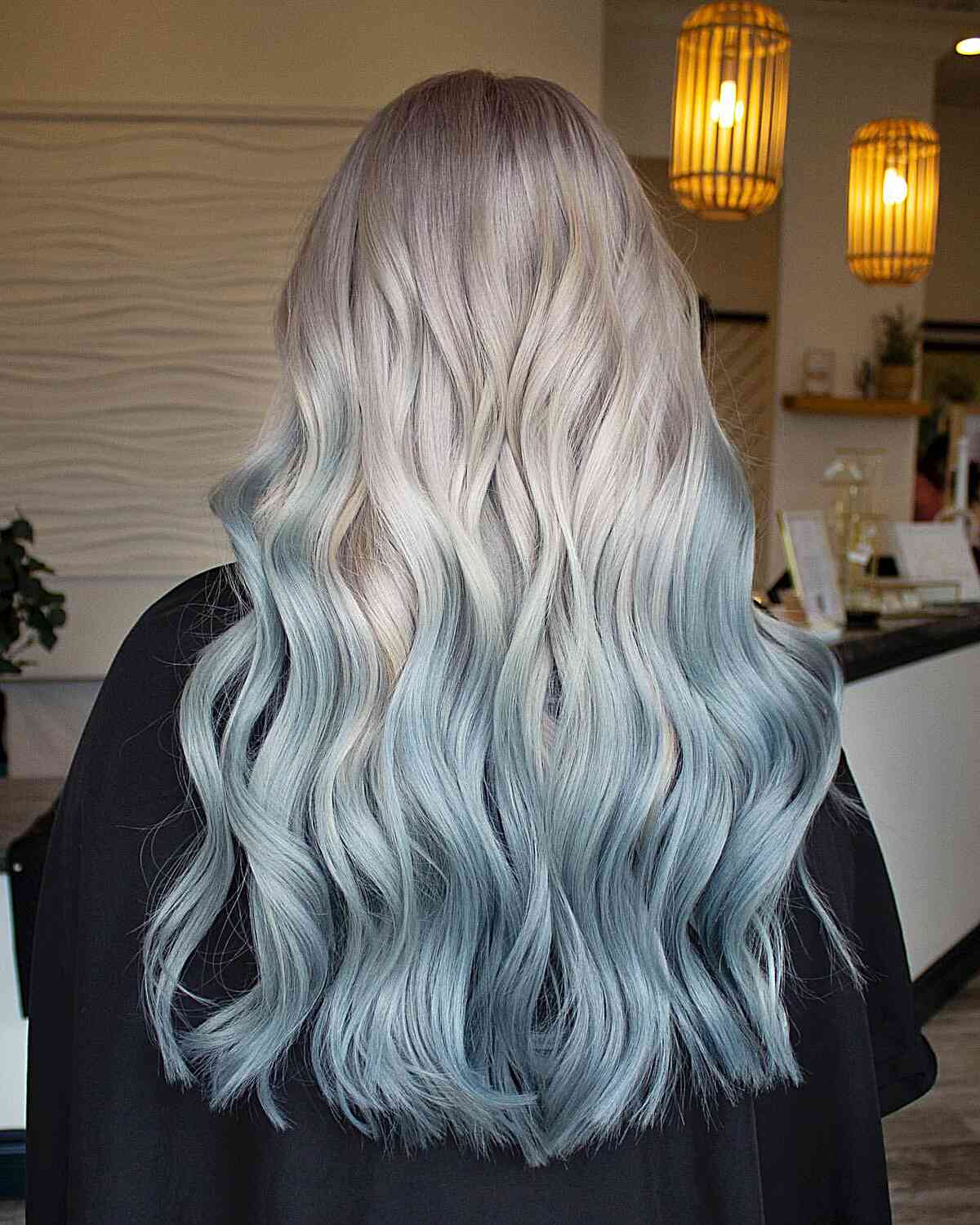 Platinum Silver to Icy Pastel Blue Ombre for Long Wavy Hair