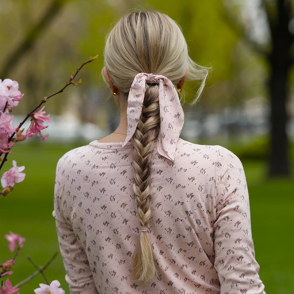 Low braided ponytail with soft ribbon tie on blonde hair, playful spring hairstyle