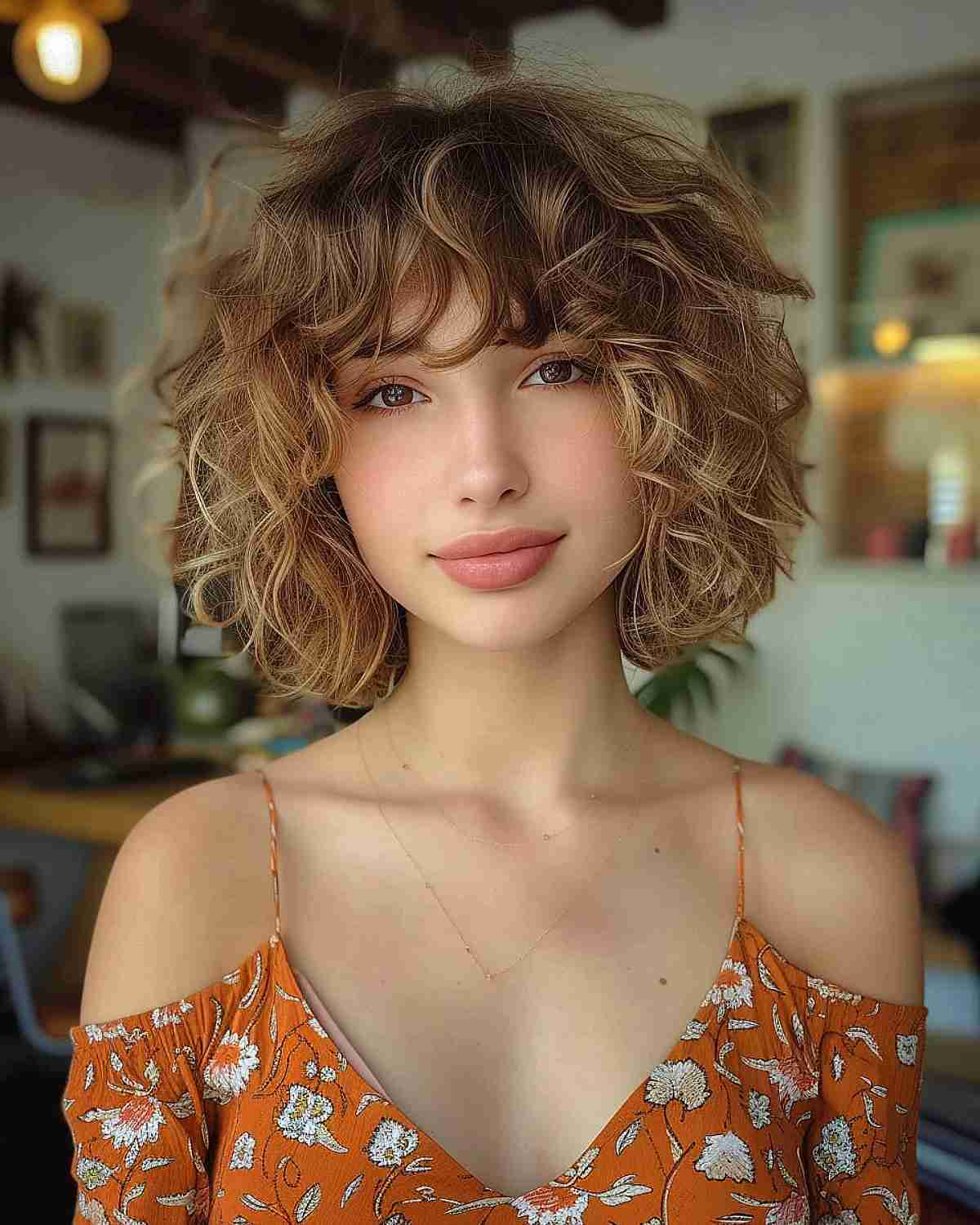 Playful Curly Bob with Bangs for Day Out