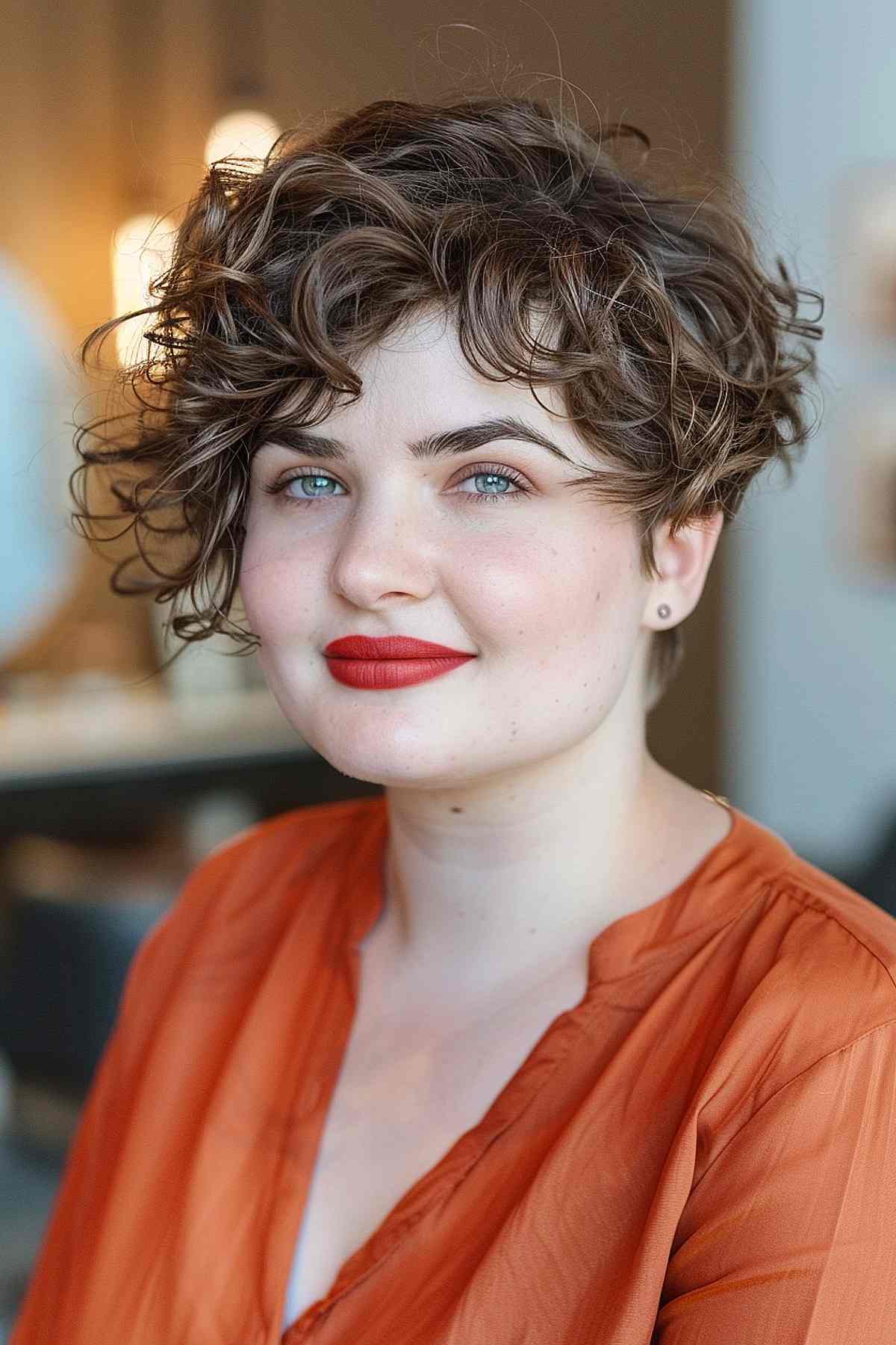 Playful curly pixie cut with side-swept bangs on a woman