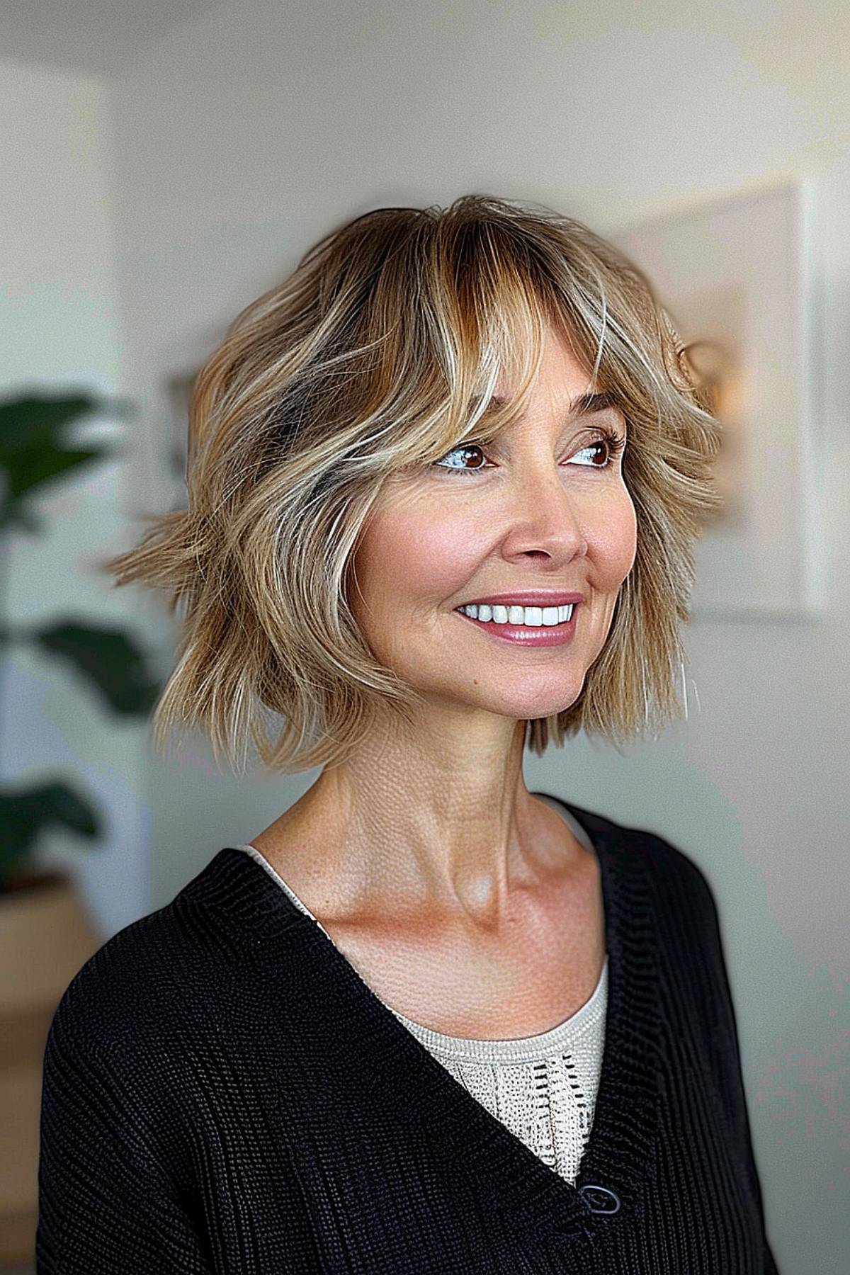  Woman with a textured bob featuring playful curtain bangs, adding movement and a modern touch.