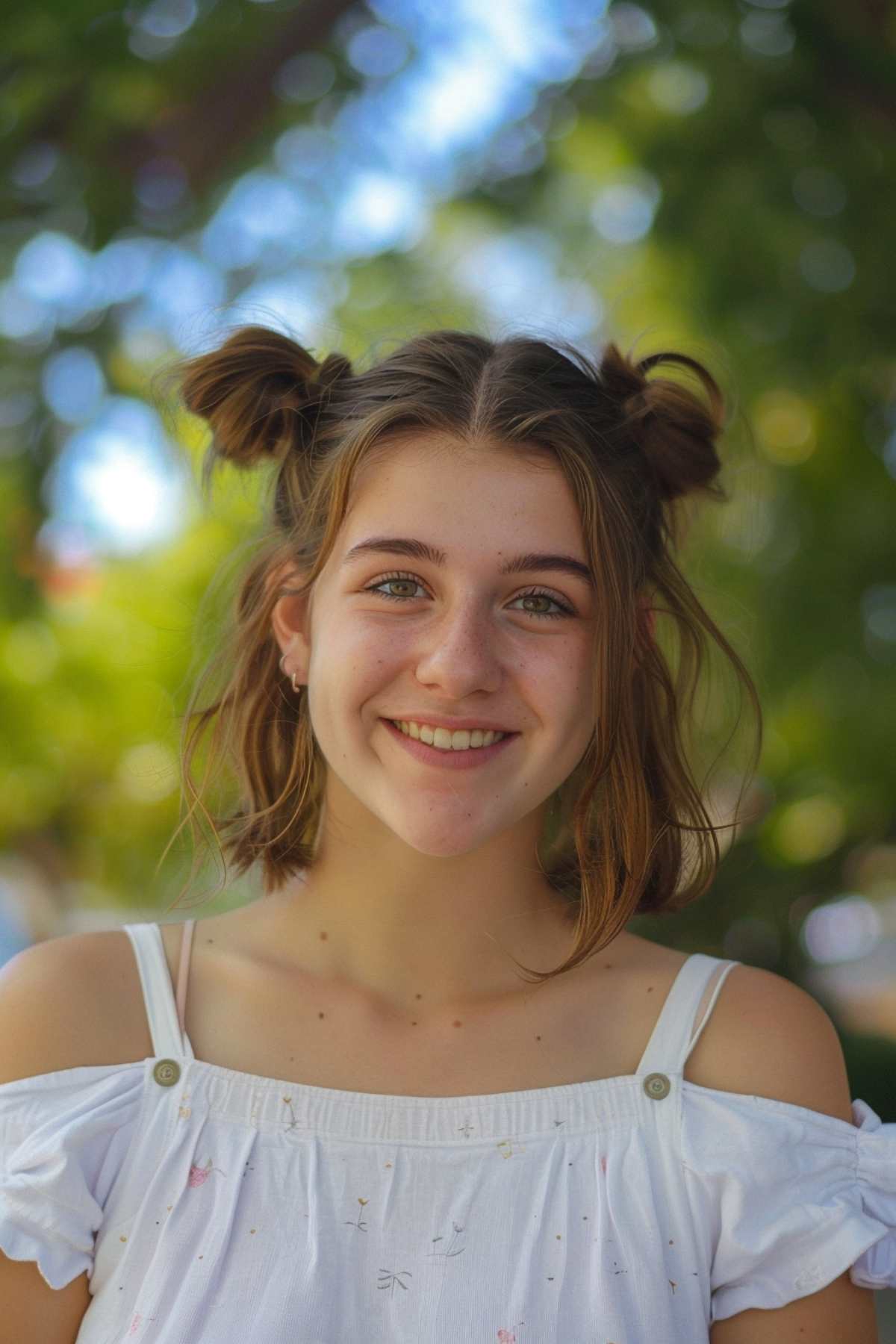 Girl with double buns hairstyle for hot weather