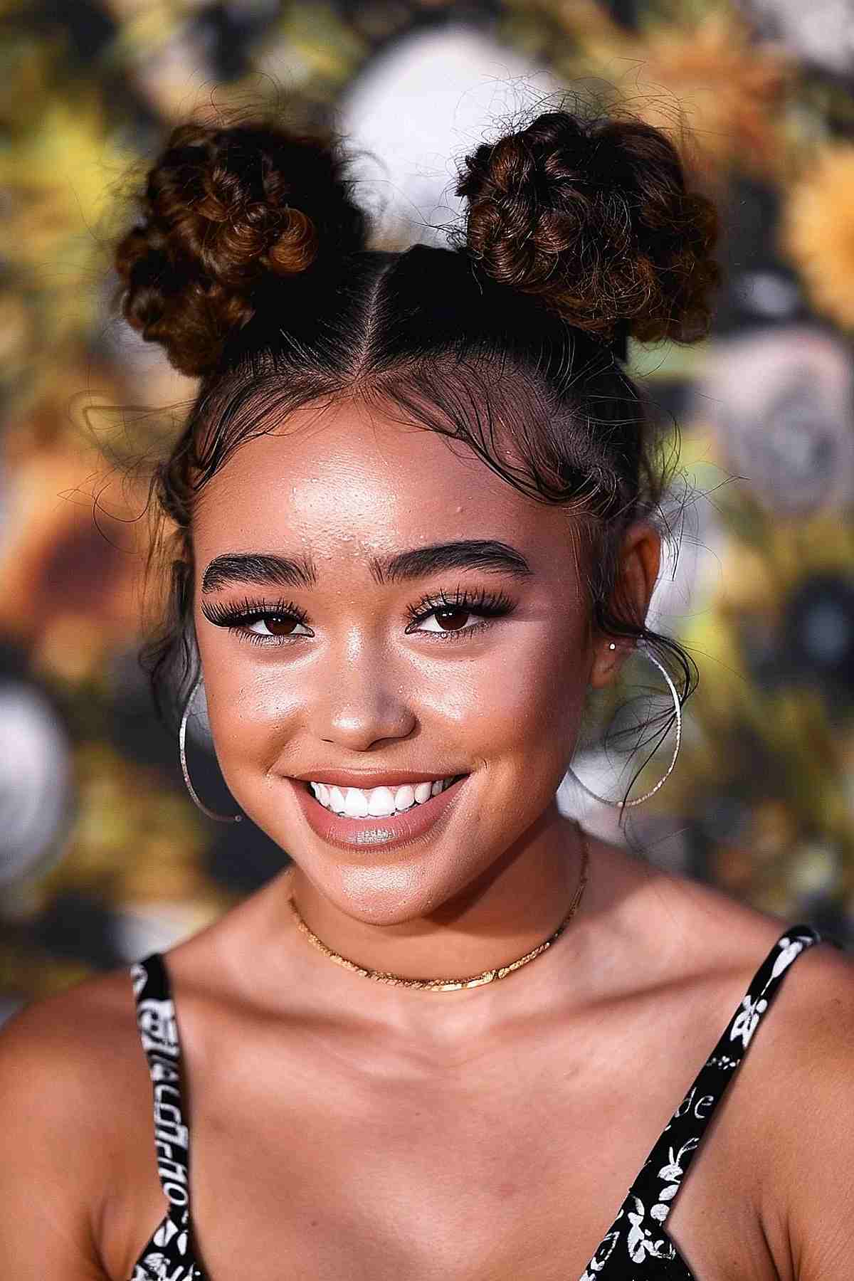 Smiling woman with braided double buns, wearing hoop earrings