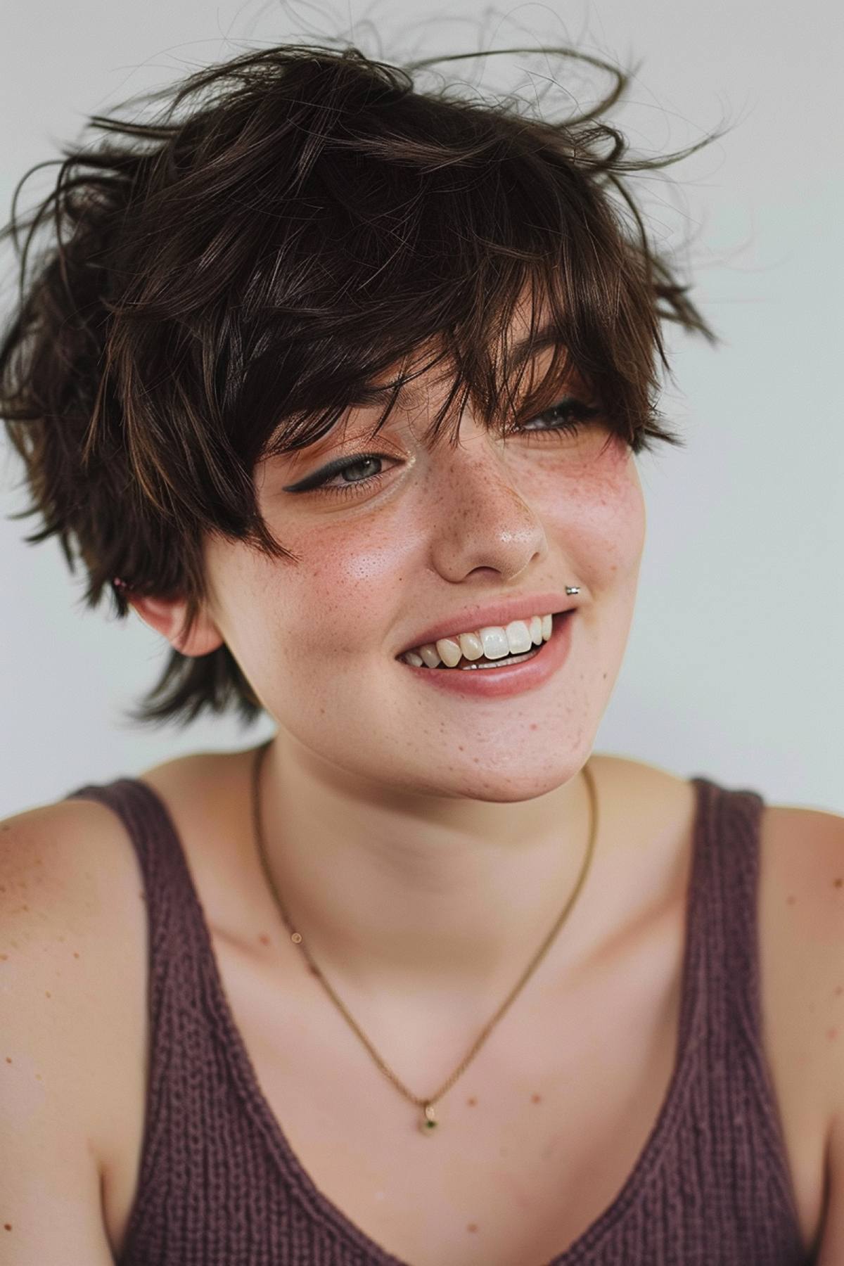 Young woman with playful pixie cut and fluffy feathered fringe