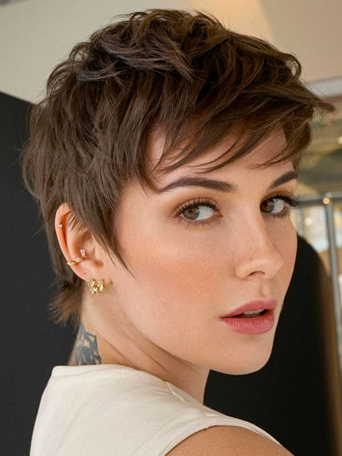 Short pixie haircut with choppy layers and piecey fringe