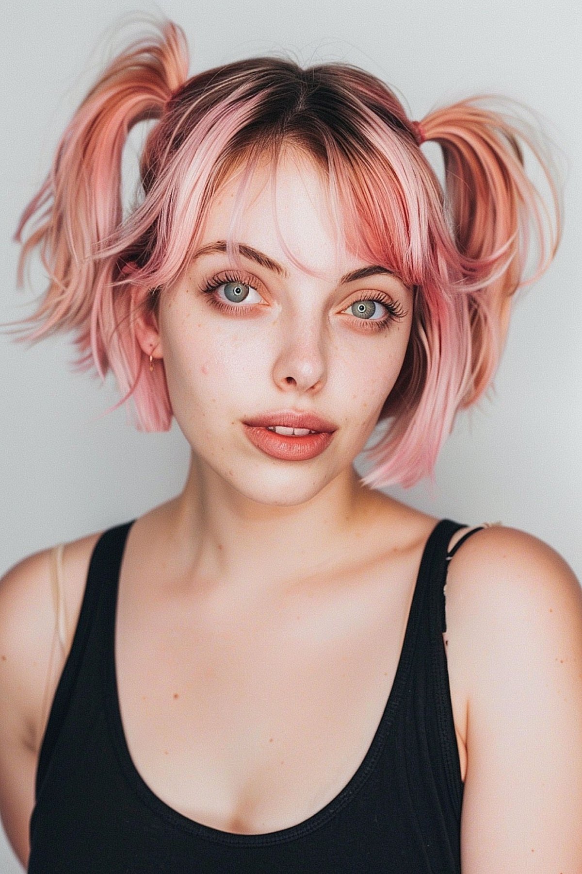 Playful short Y2K pink bob with high pigtails on a young woman