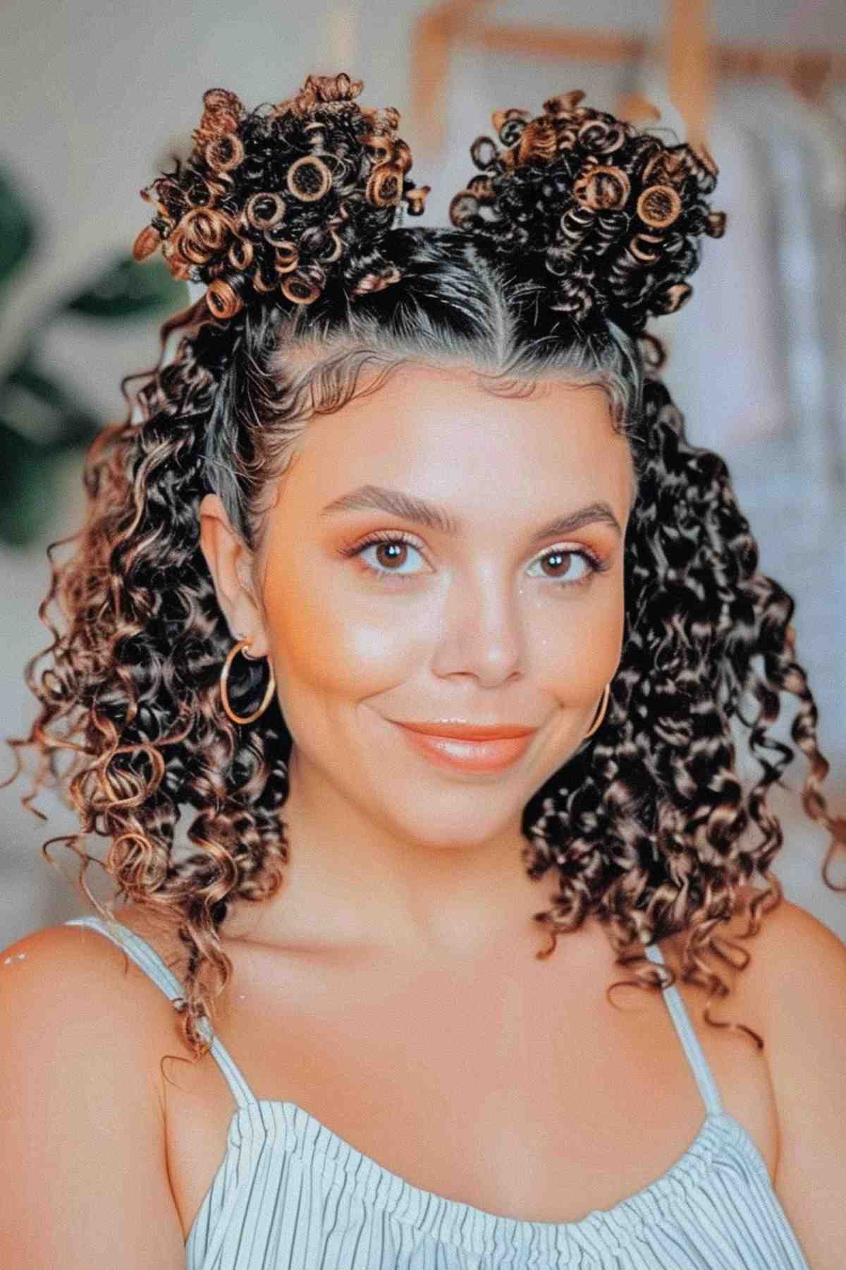 Playful space buns for coily hair with defined curls