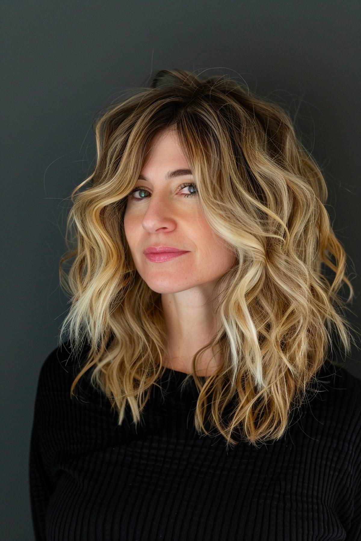 Medium layered haircut with bold waves and dimensional blonde highlights