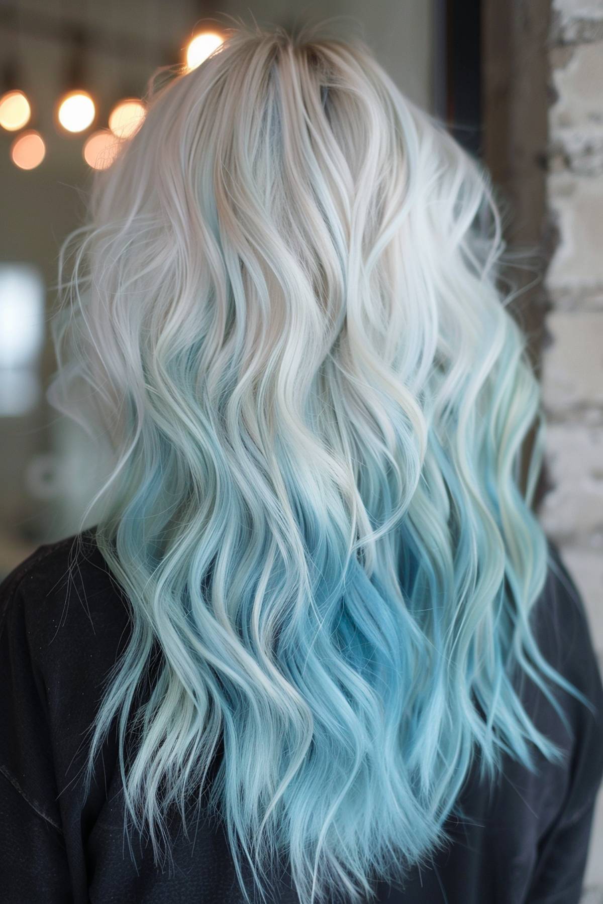 Long silver hair with frosty blue highlights