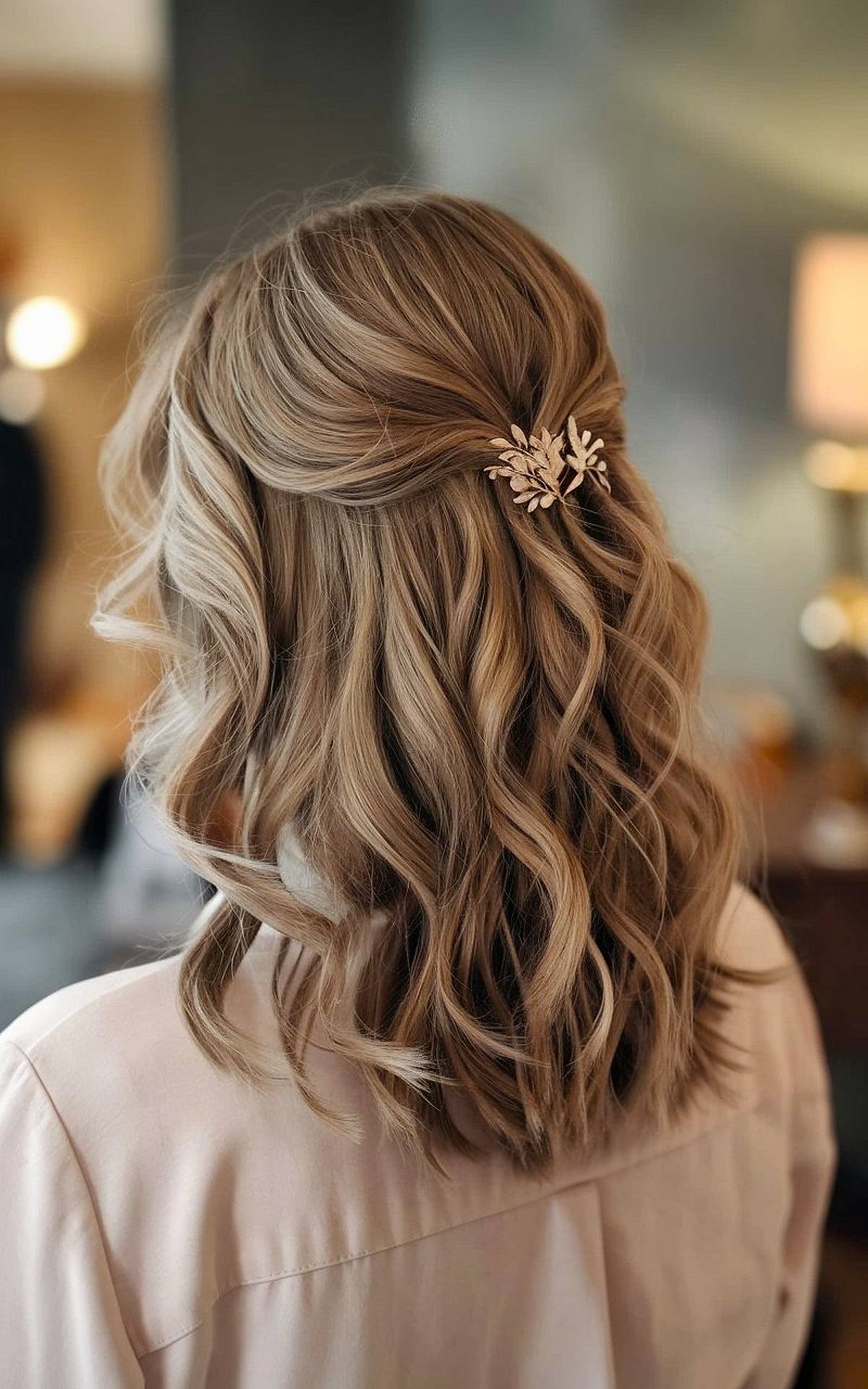 Half-up formal hairstyle with loose waves and a decorative clip for medium-length hair